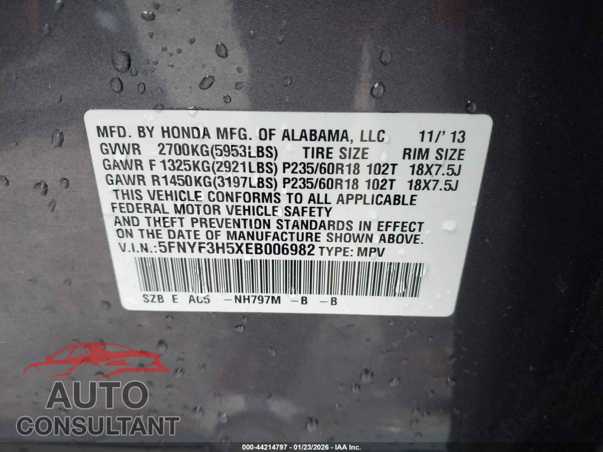 HONDA PILOT 2014 - 5FNYF3H5XEB006982