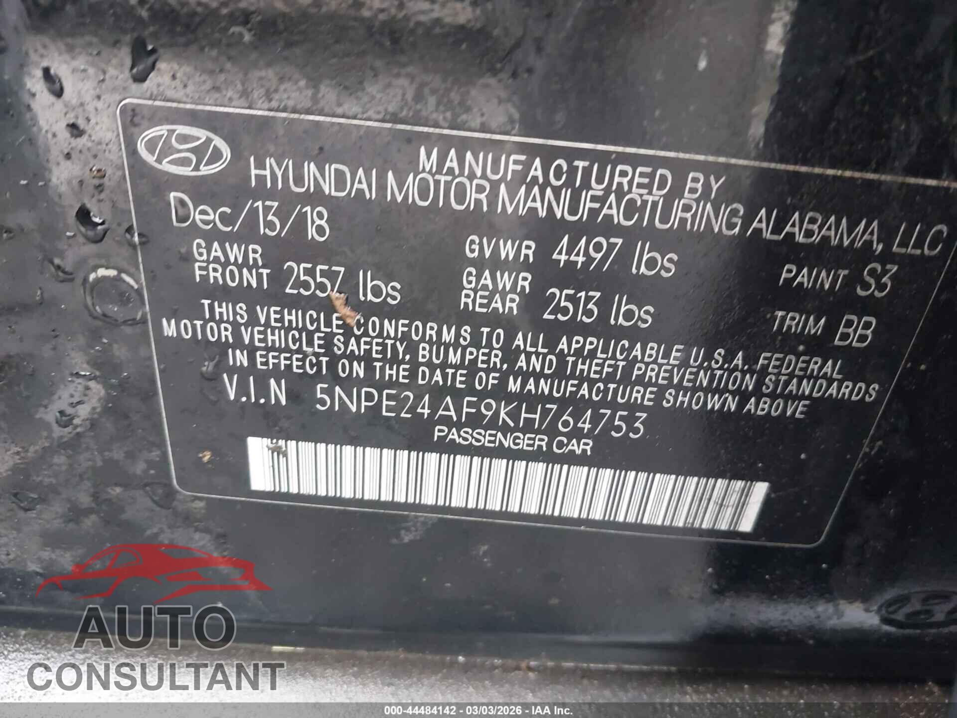 HYUNDAI SONATA 2019 - 5NPE24AF9KH764753