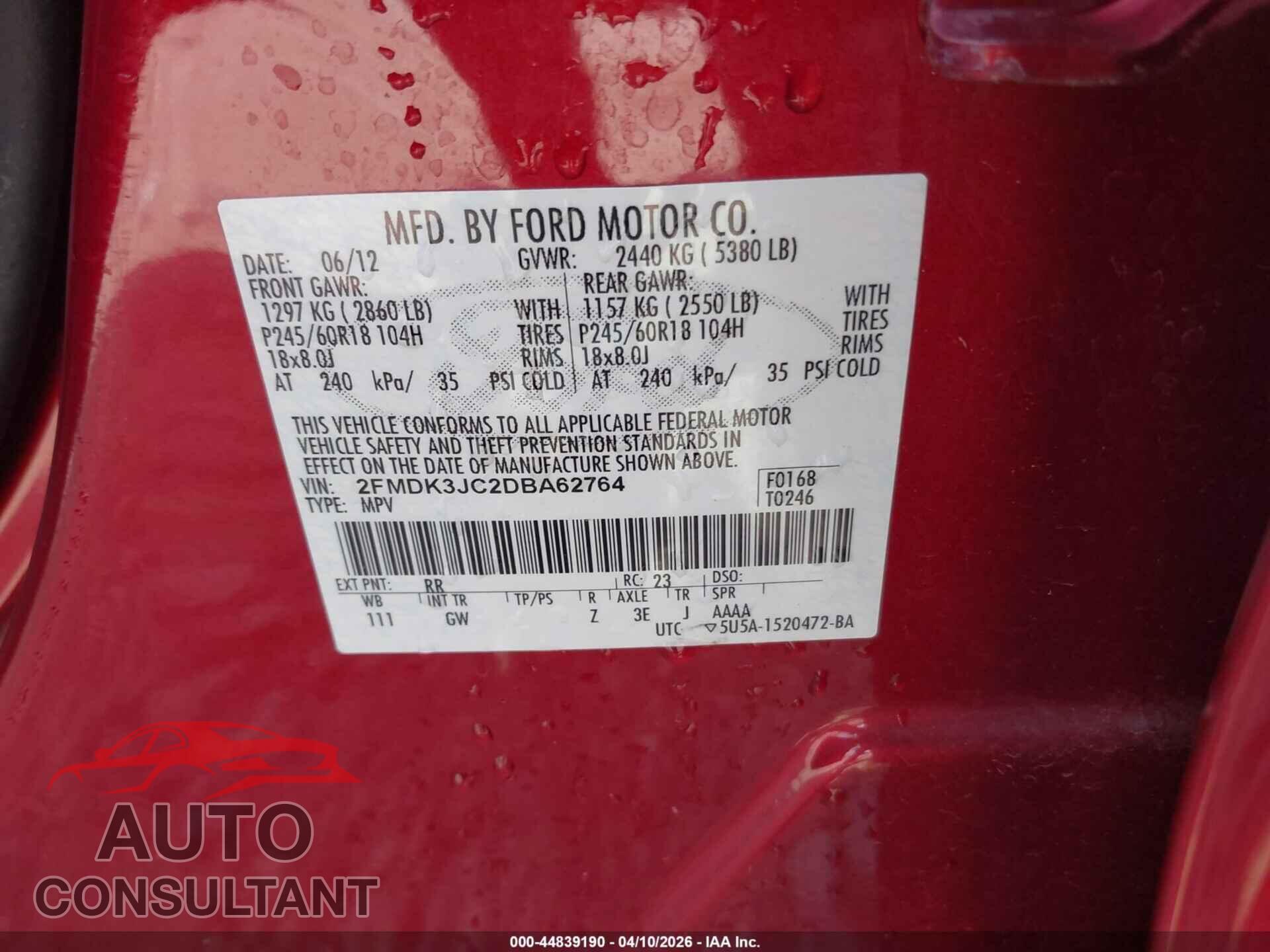 FORD EDGE 2013 - 2FMDK3JC2DBA62764