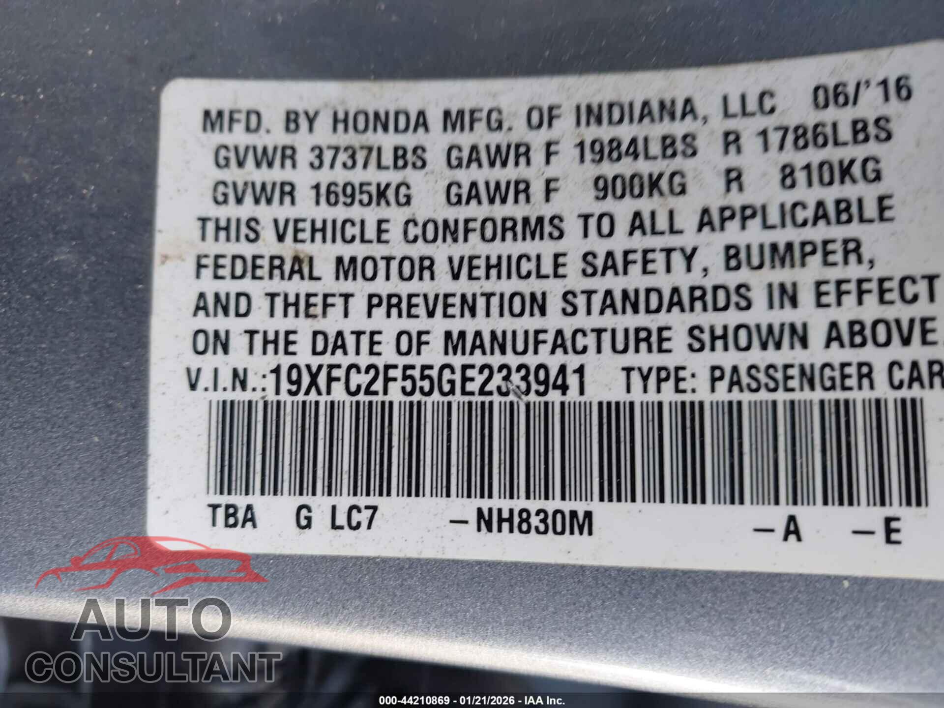 HONDA CIVIC 2016 - 19XFC2F55GE233941