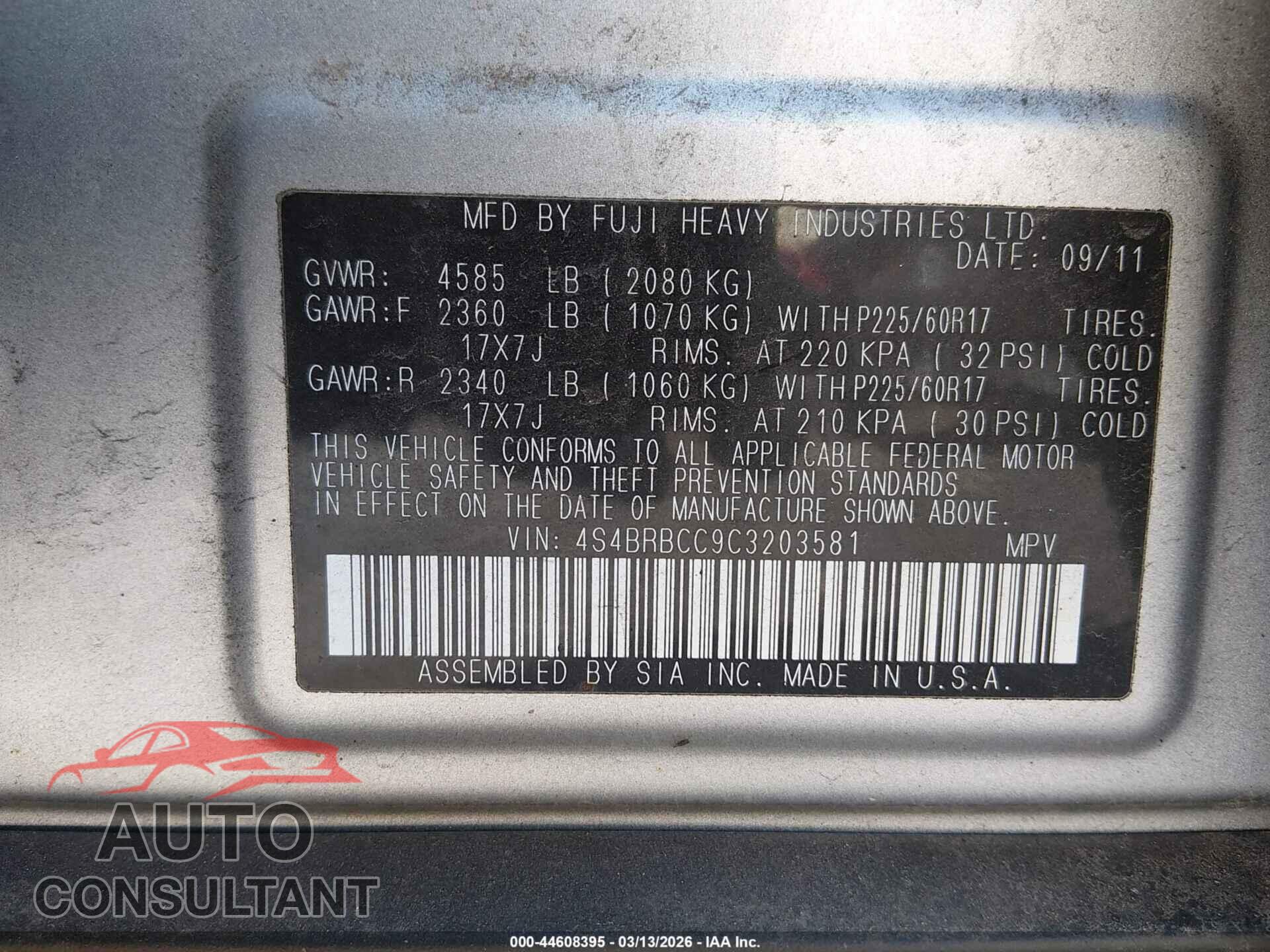 SUBARU OUTBACK 2012 - 4S4BRBCC9C3203581