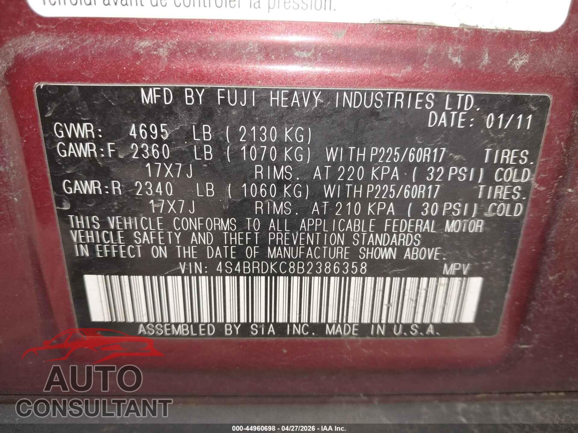 SUBARU OUTBACK 2011 - 4S4BRDKC8B2386358