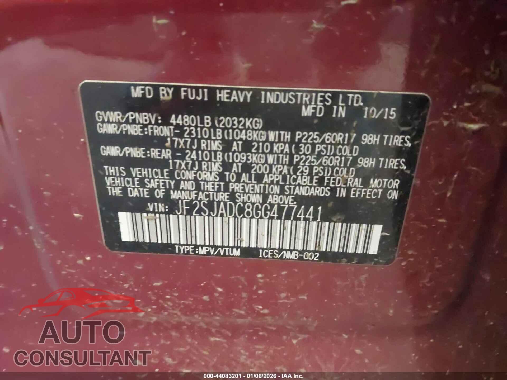 SUBARU FORESTER 2016 - JF2SJADC8GG477441