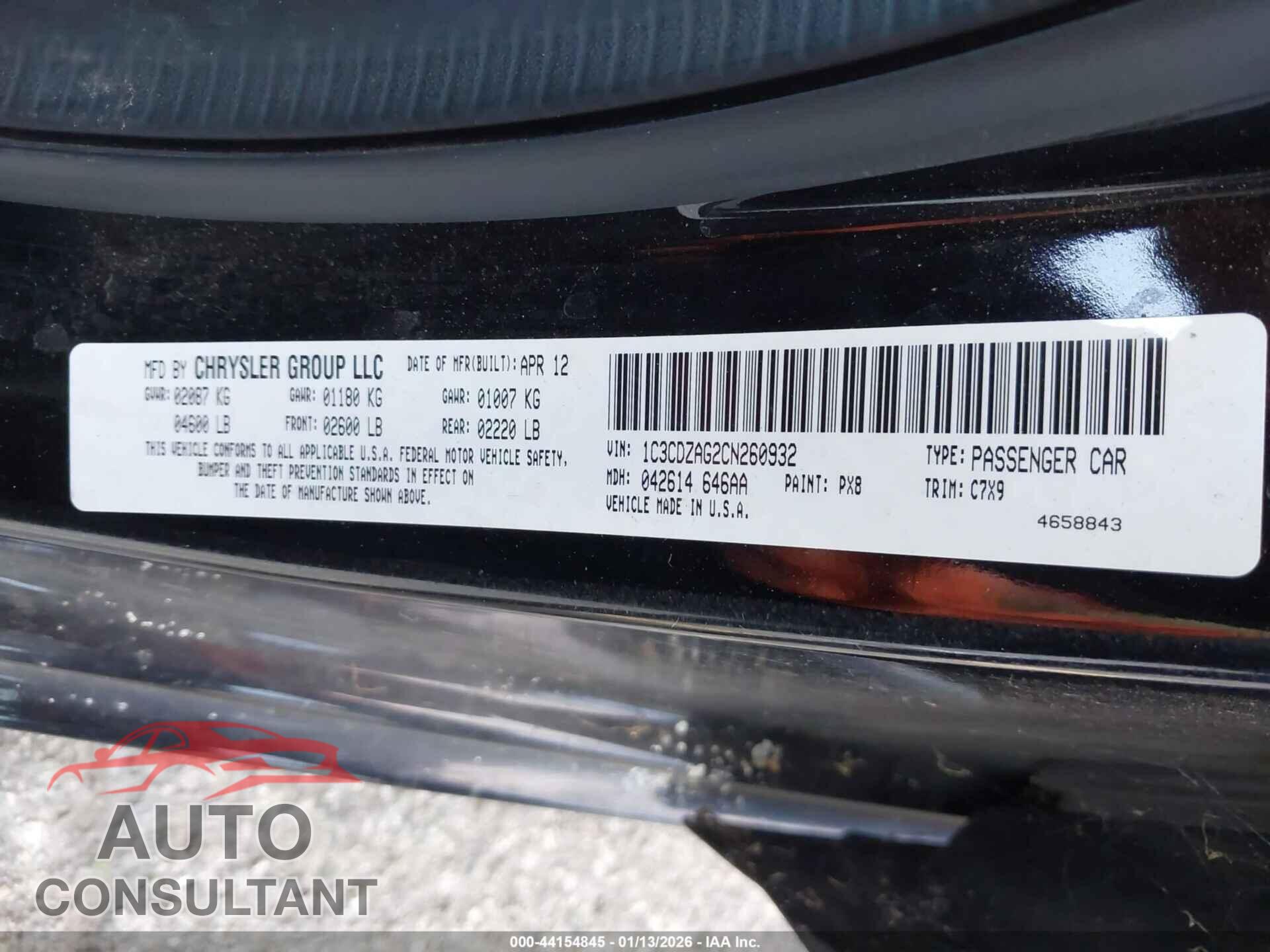 DODGE AVENGER 2012 - 1C3CDZAG2CN260932