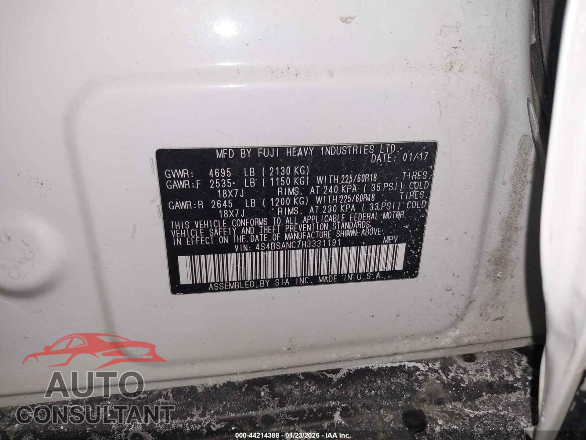SUBARU OUTBACK 2017 - 4S4BSANC7H3331191