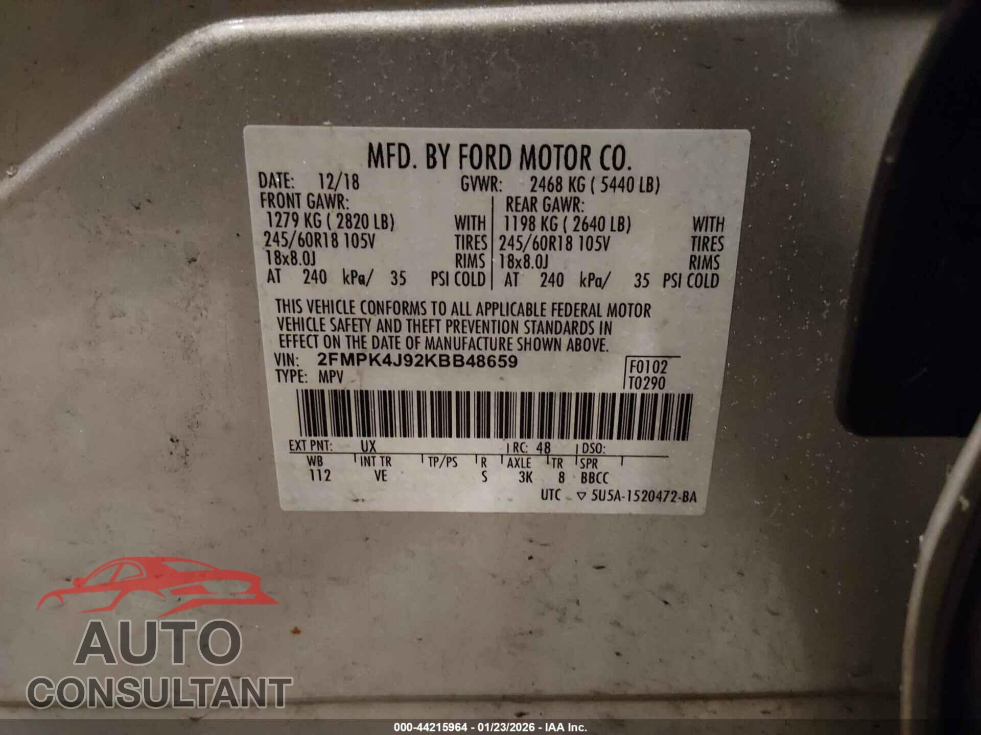 FORD EDGE 2019 - 2FMPK4J92KBB48659