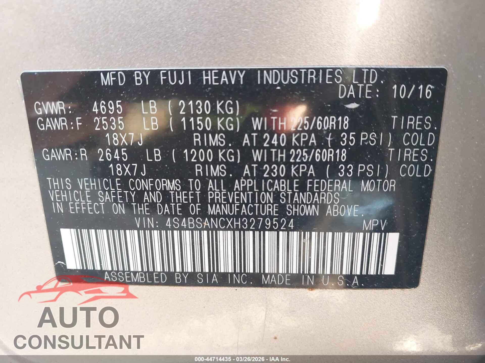 SUBARU OUTBACK 2017 - 4S4BSANCXH3279524