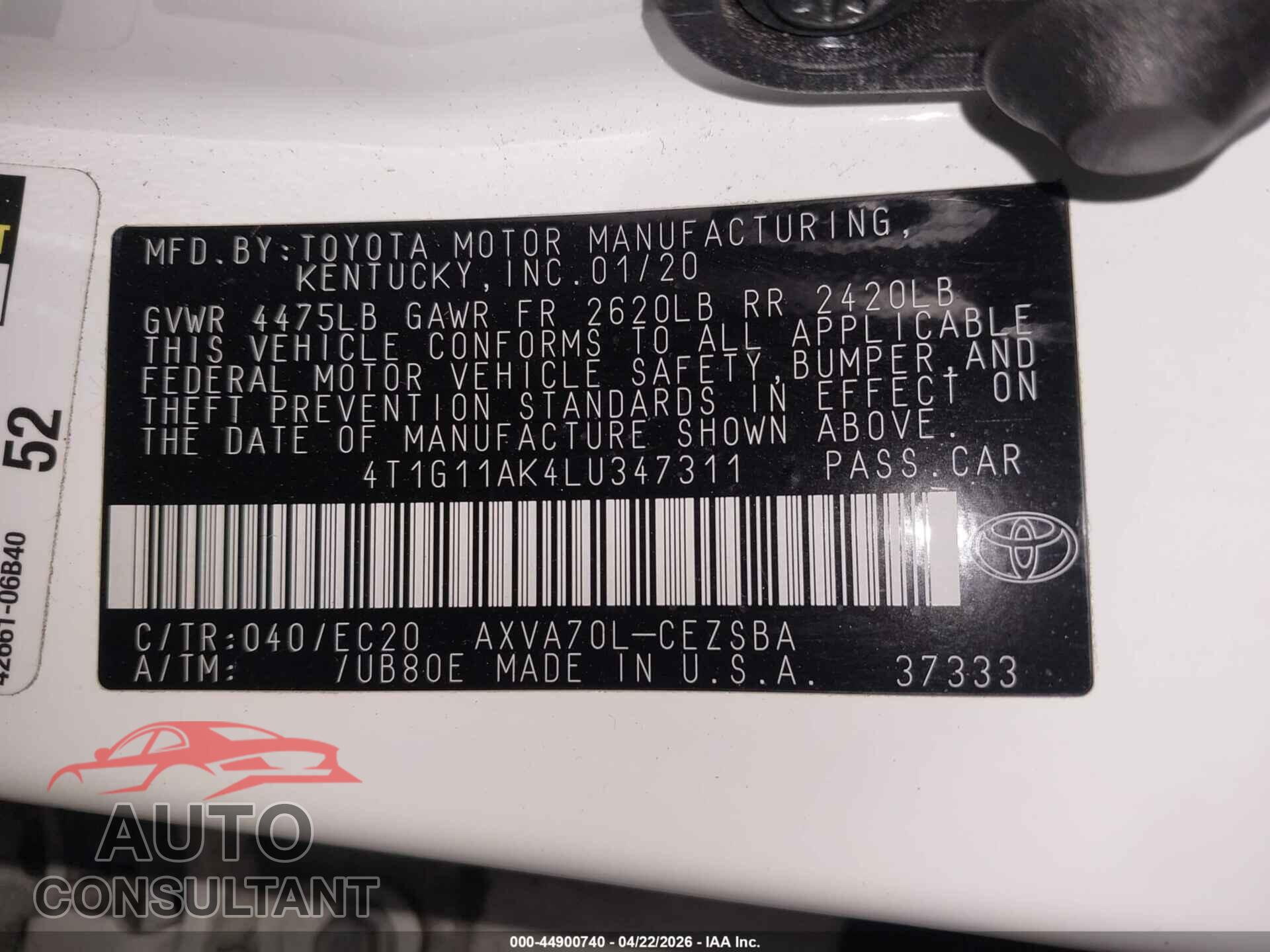 TOYOTA CAMRY 2020 - 4T1G11AK4LU347311