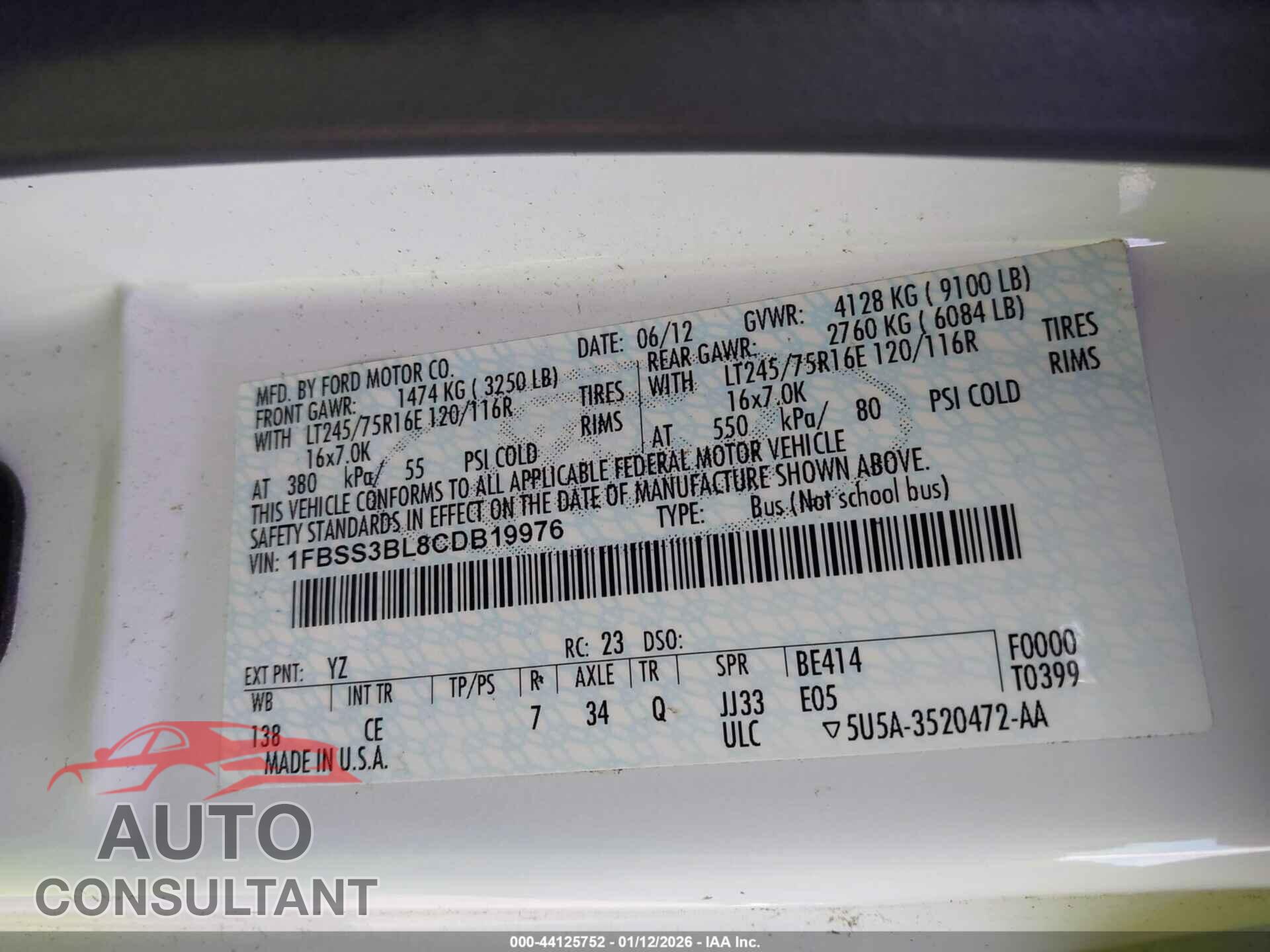 FORD E-350 SUPER DUTY 2012 - 1FBSS3BL8CDB19976