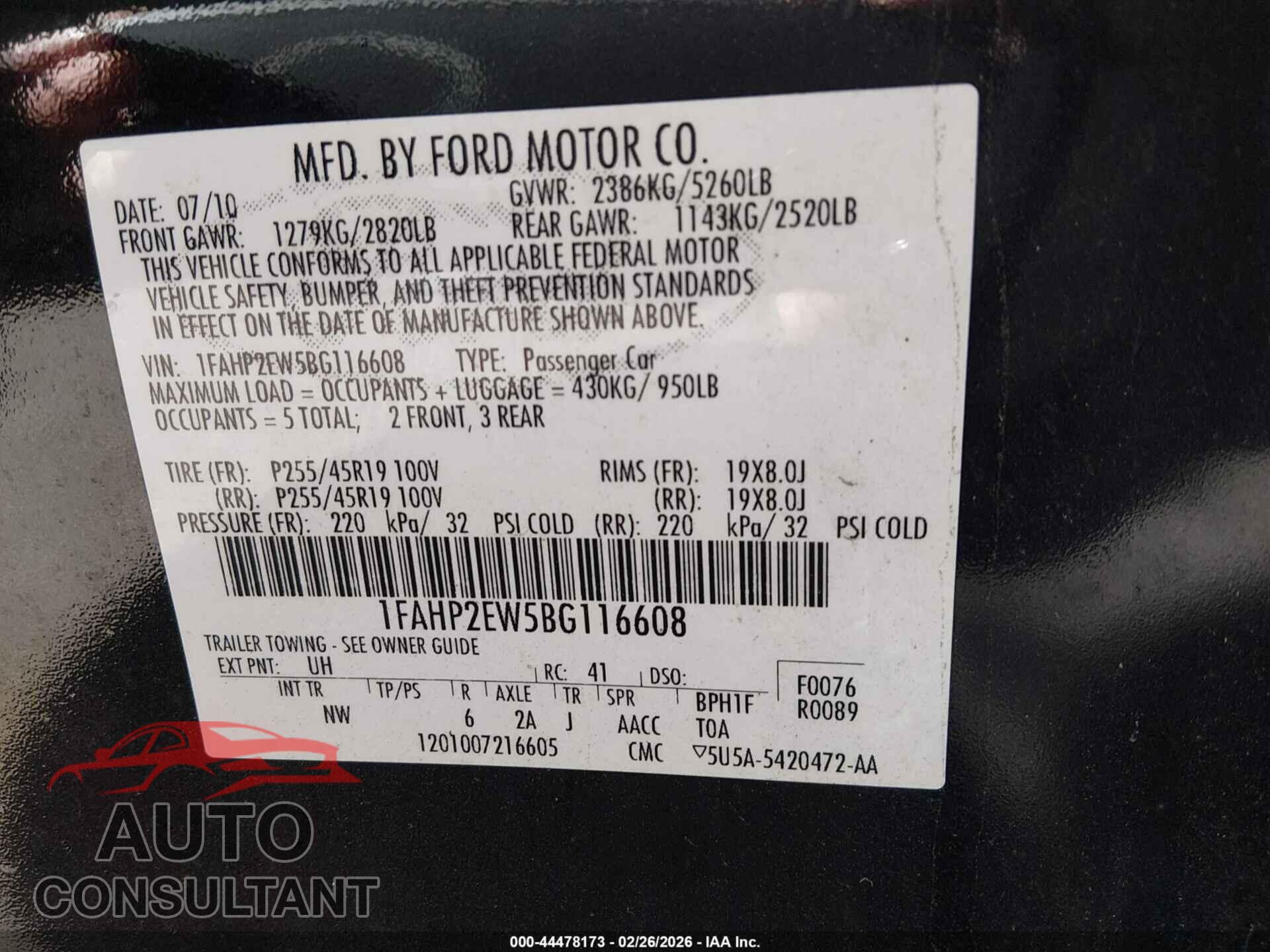 FORD TAURUS 2011 - 1FAHP2EW5BG116608