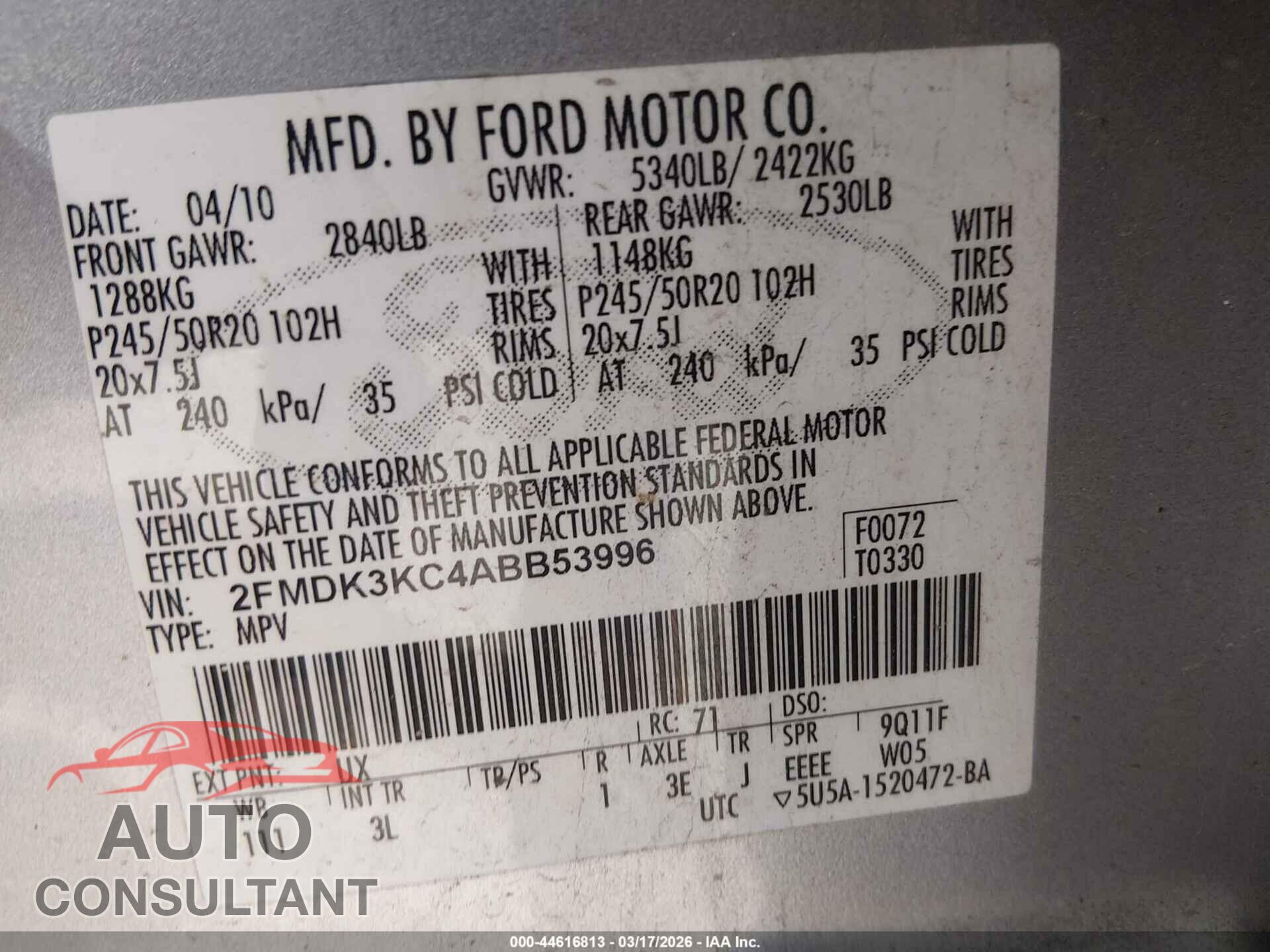 FORD EDGE 2010 - 2FMDK3KC4ABB53996