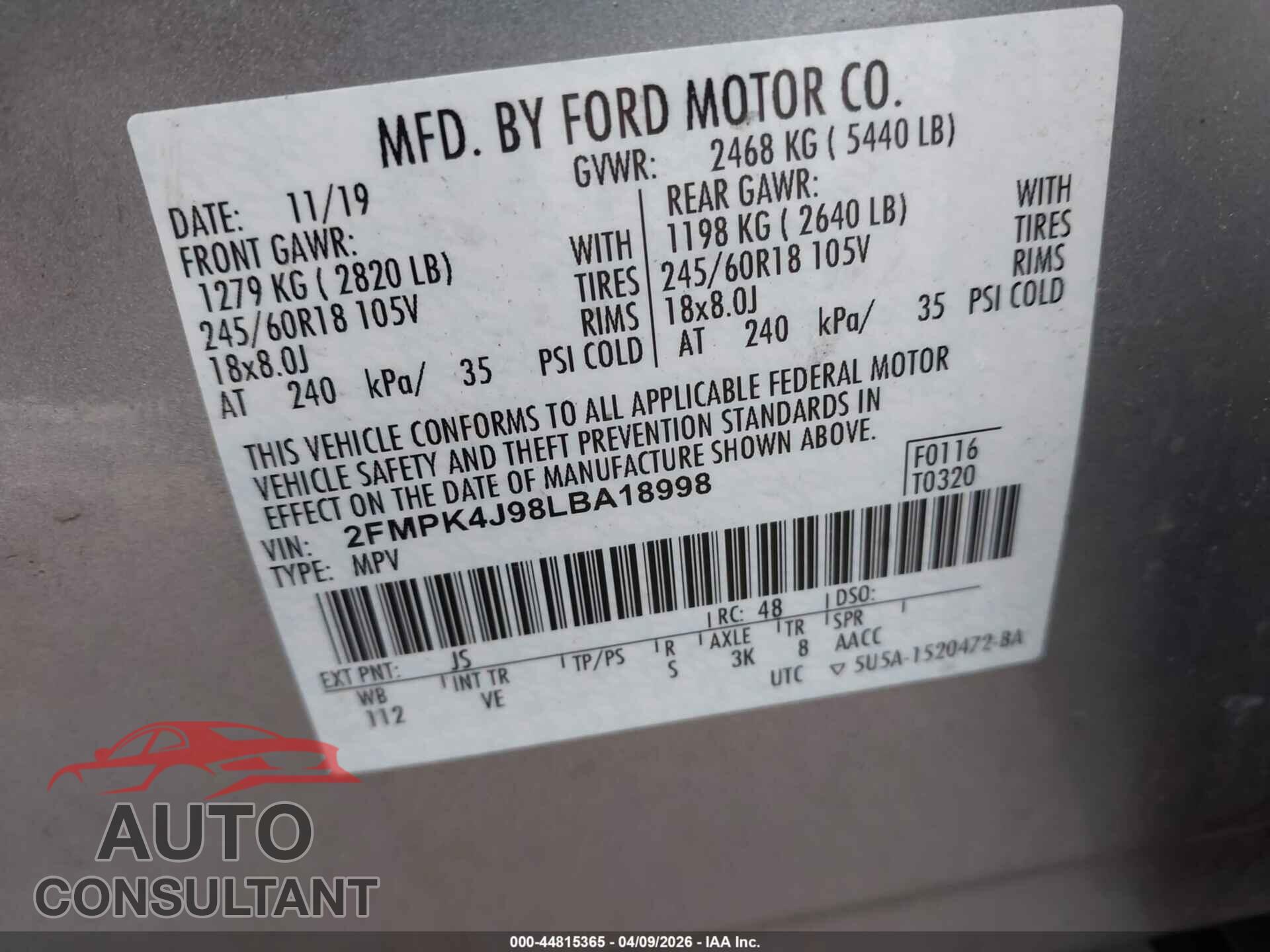 FORD EDGE 2020 - 2FMPK4J98LBA18998