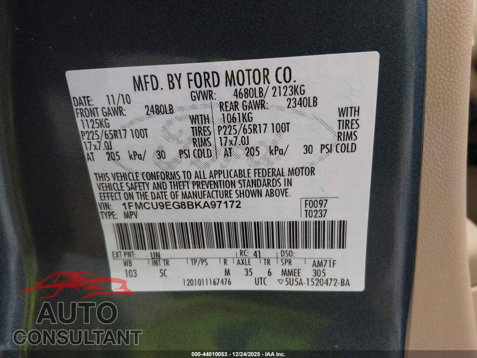 FORD ESCAPE 2011 - 1FMCU9EG8BKA97172