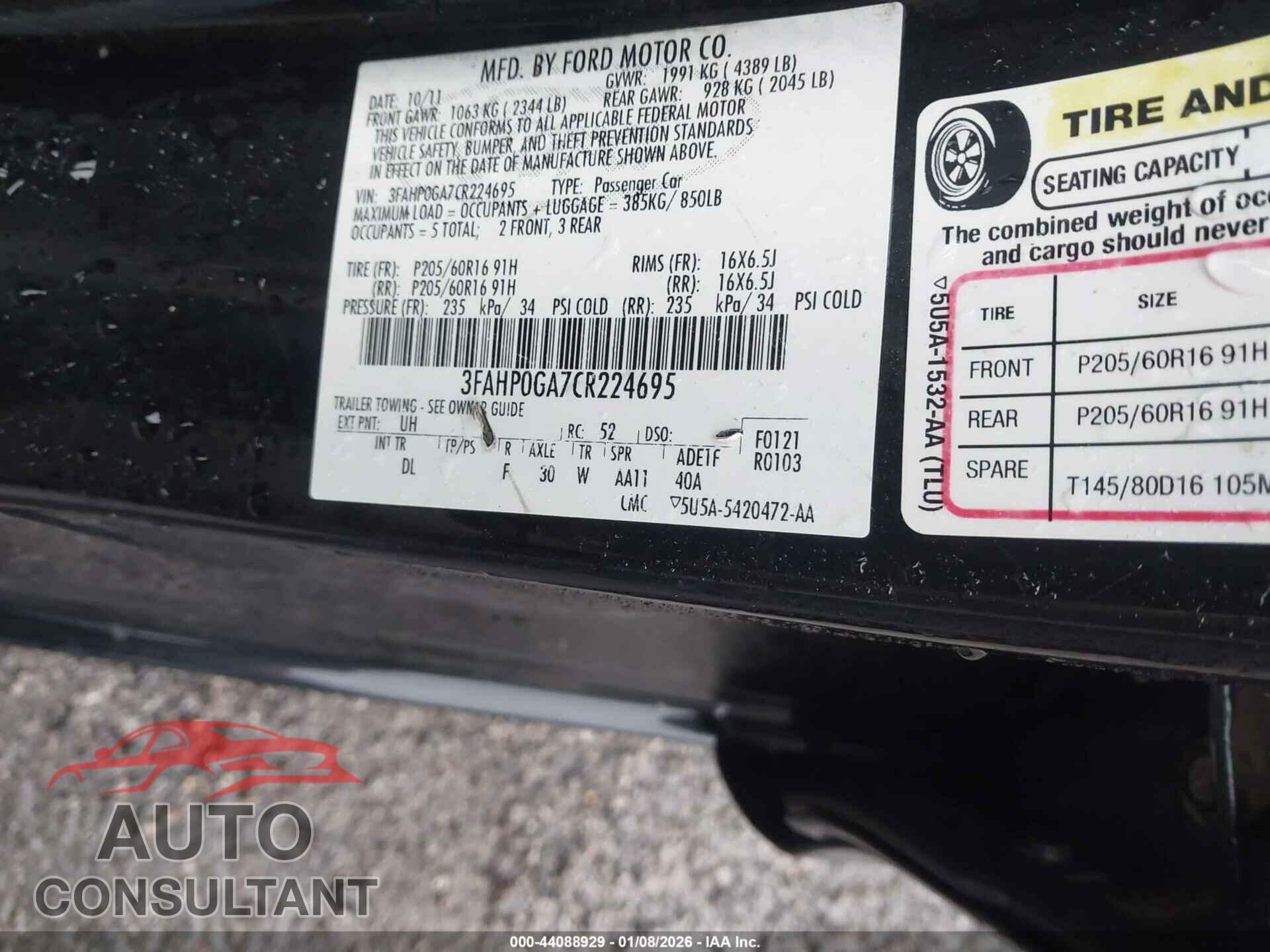 FORD FUSION 2012 - 3FAHP0GA7CR224695