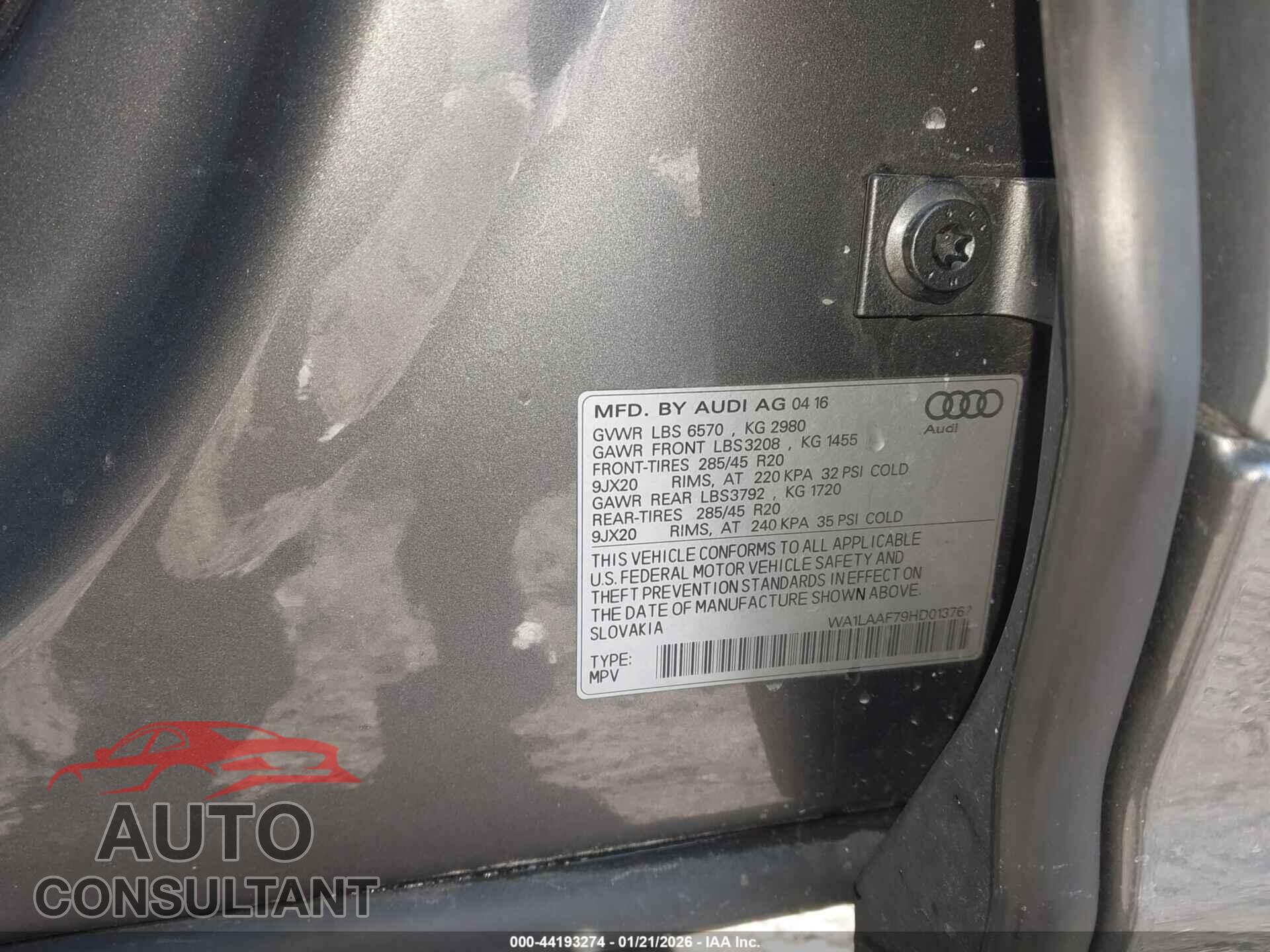 AUDI Q7 2017 - WA1LAAF79HD013767