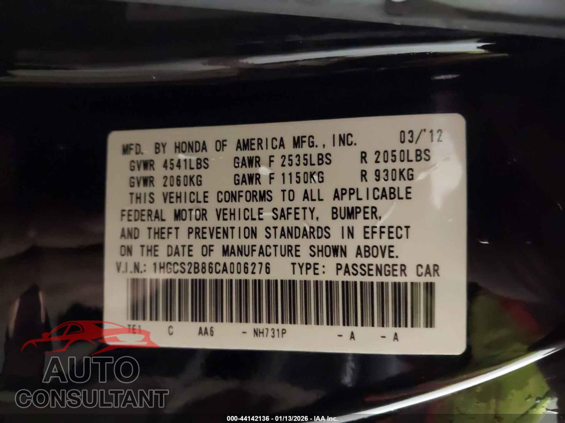 HONDA ACCORD 2012 - 1HGCS2B86CA006276