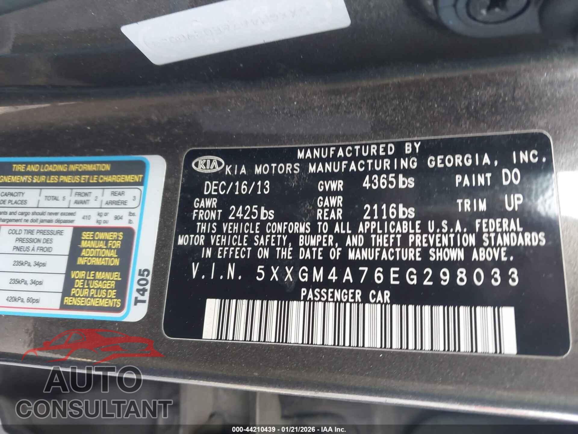 KIA OPTIMA 2014 - 5XXGM4A76EG298033