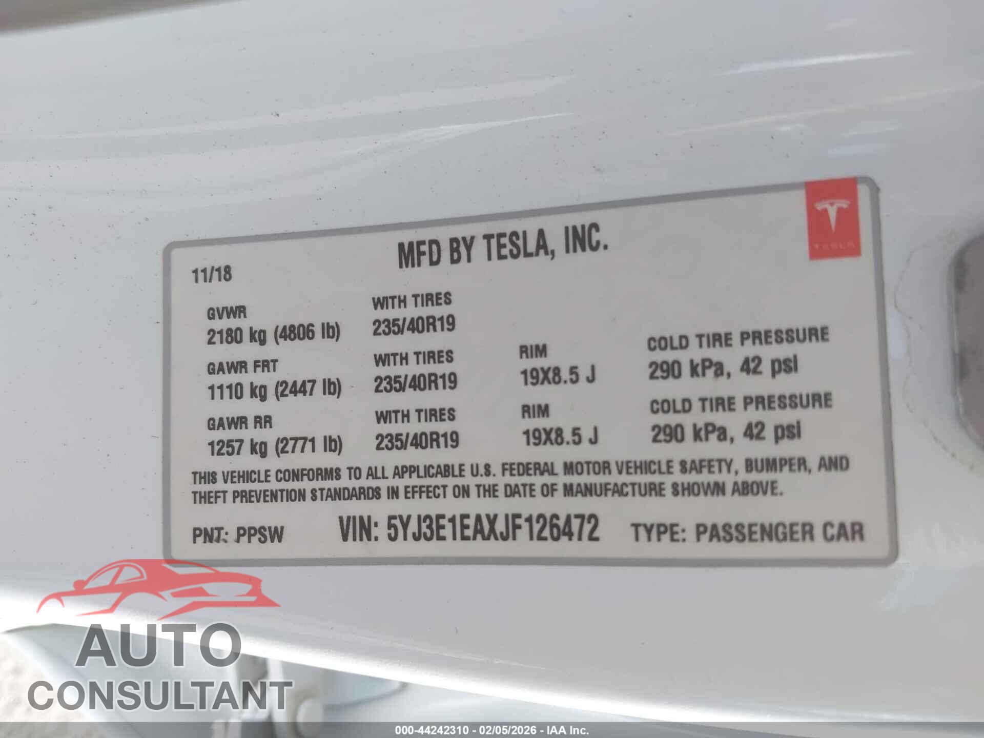 TESLA MODEL 3 2018 - 5YJ3E1EAXJF126472