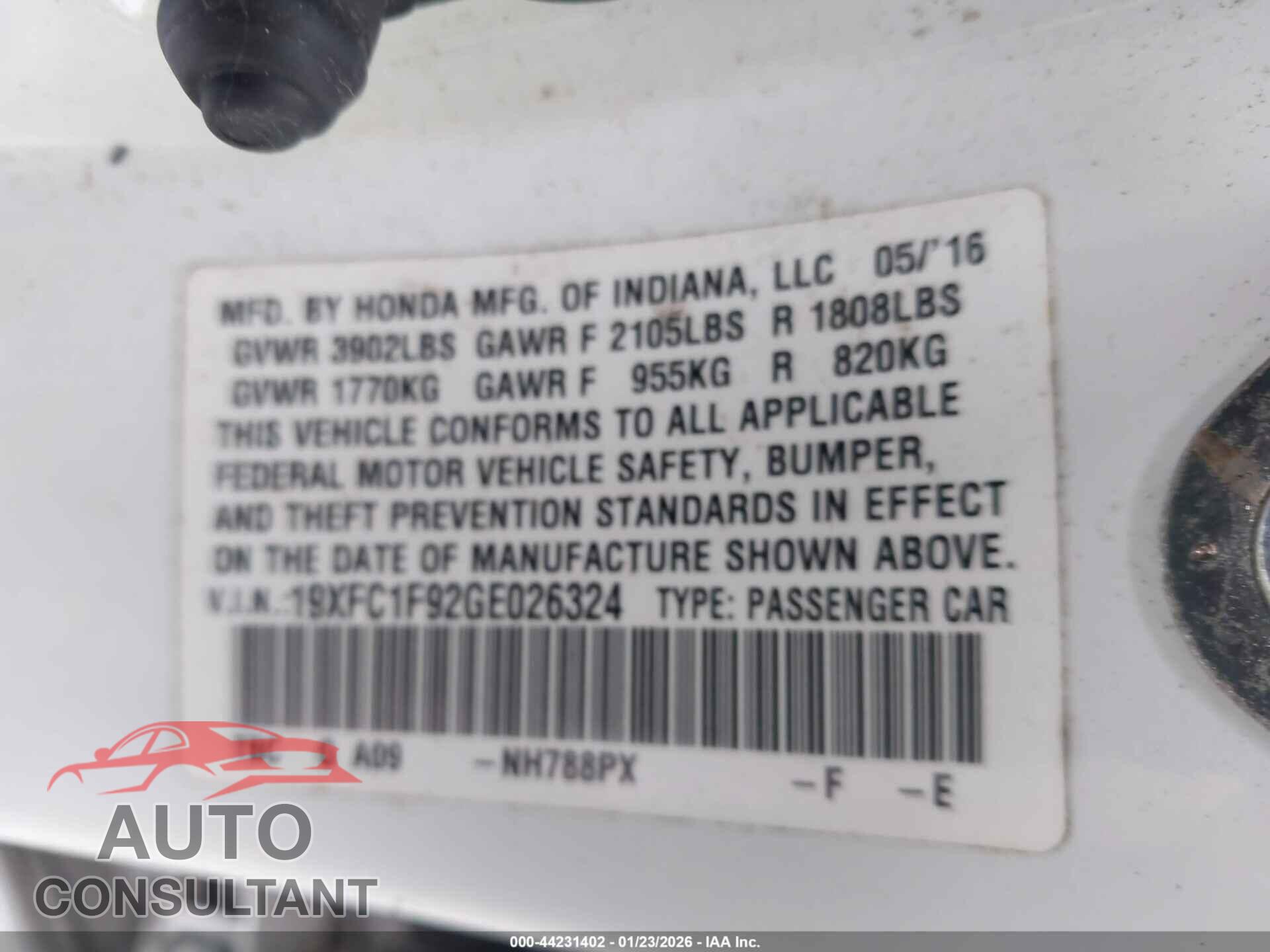 HONDA CIVIC 2016 - 19XFC1F92GE026324