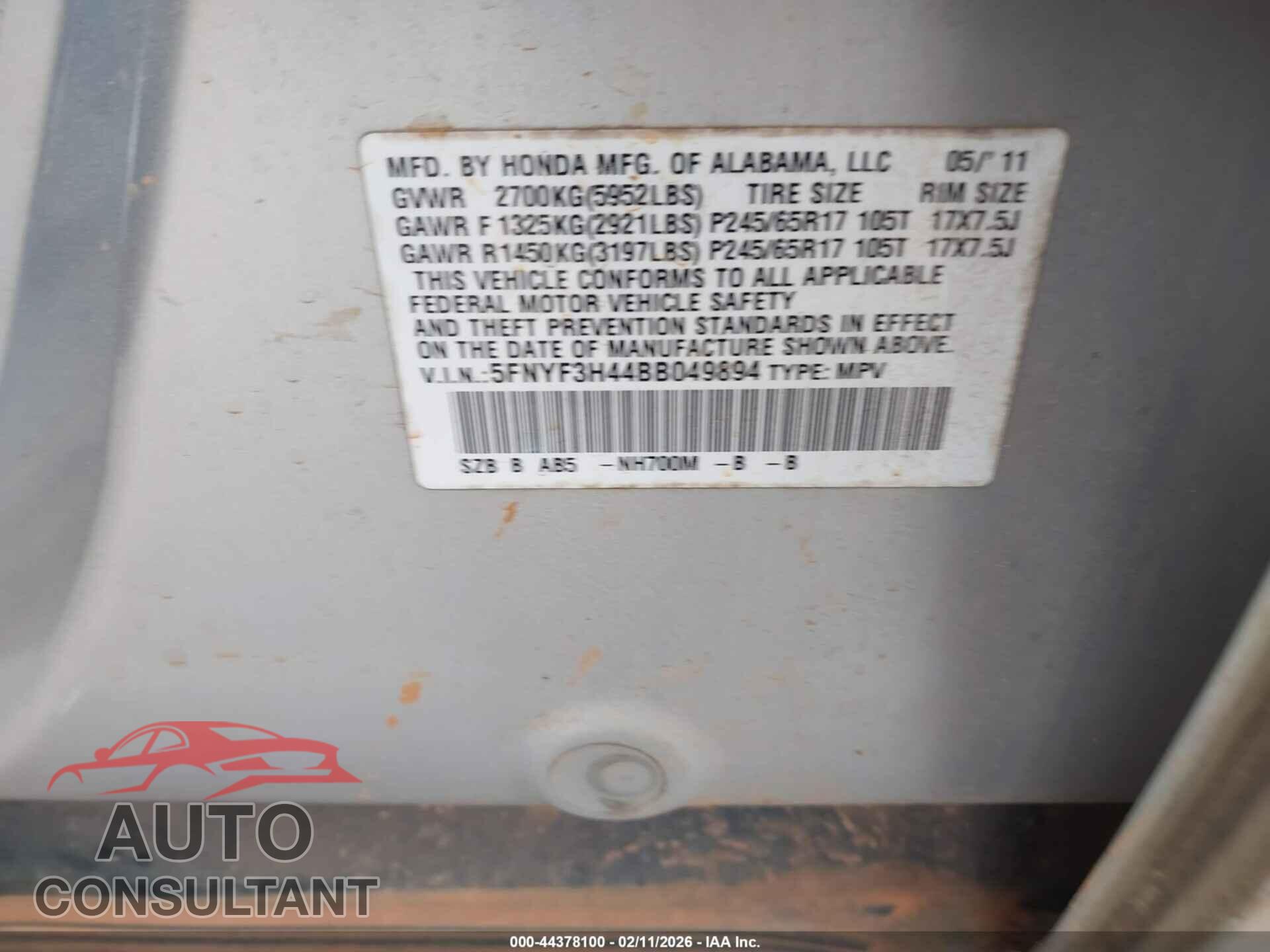 HONDA PILOT 2011 - 5FNYF3H44BB049894