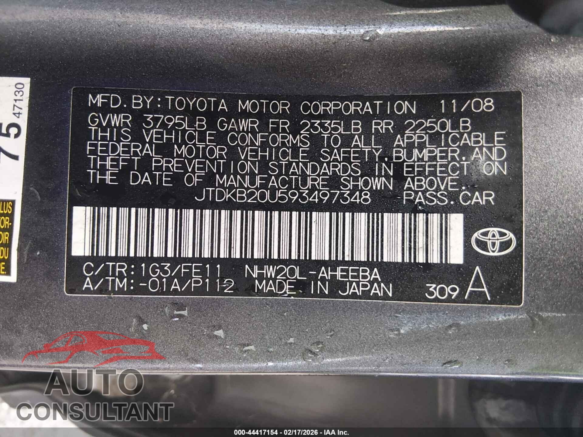 TOYOTA PRIUS 2009 - JTDKB20U593497348