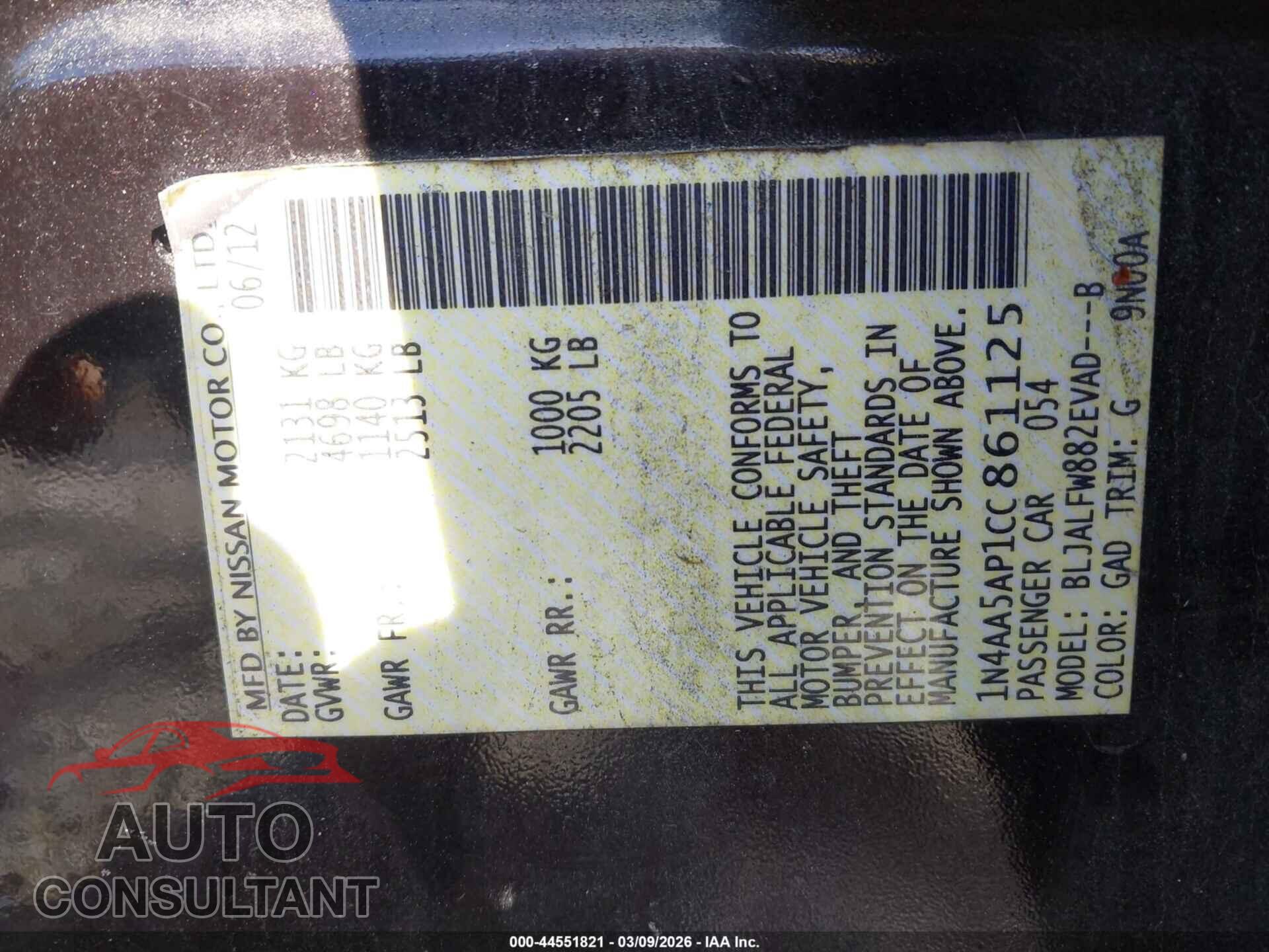 NISSAN MAXIMA 2012 - 1N4AA5AP1CC861125