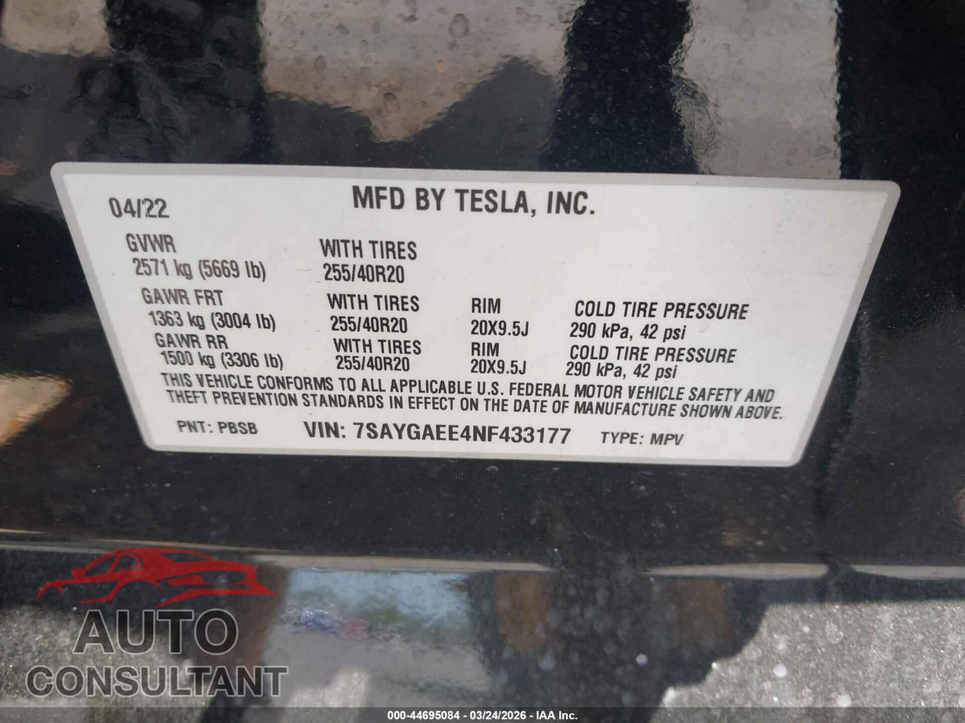 TESLA MODEL Y 2022 - 7SAYGAEE4NF433177