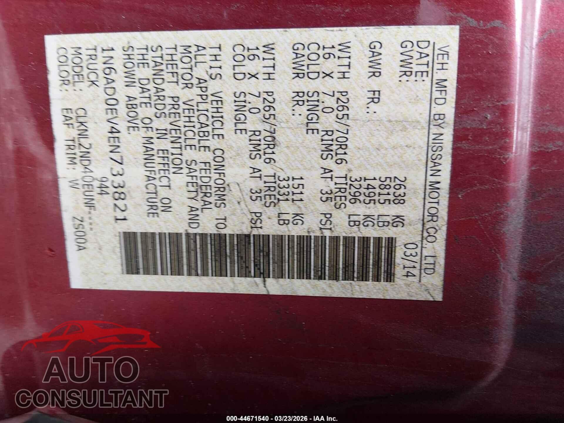 NISSAN FRONTIER 2014 - 1N6AD0EV4EN733821