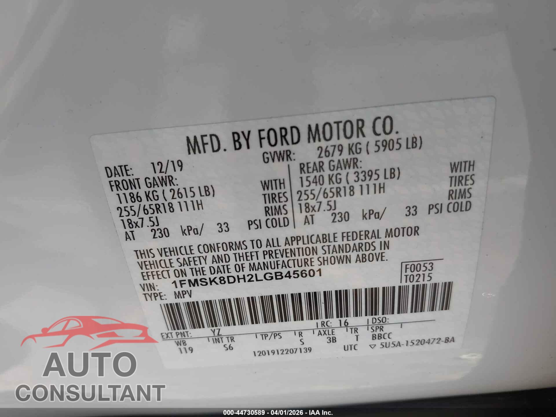 FORD EXPLORER 2020 - 1FMSK8DH2LGB45601