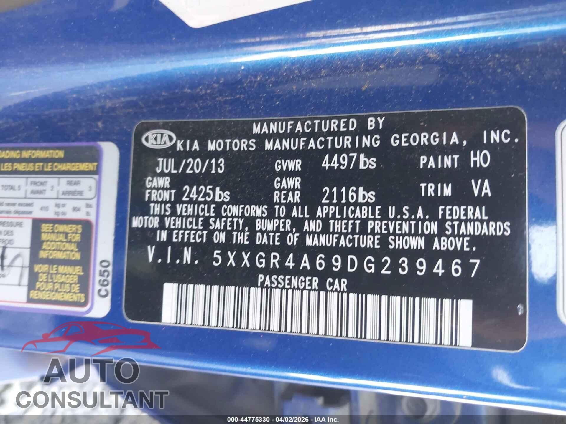 KIA OPTIMA 2013 - 5XXGR4A69DG239467