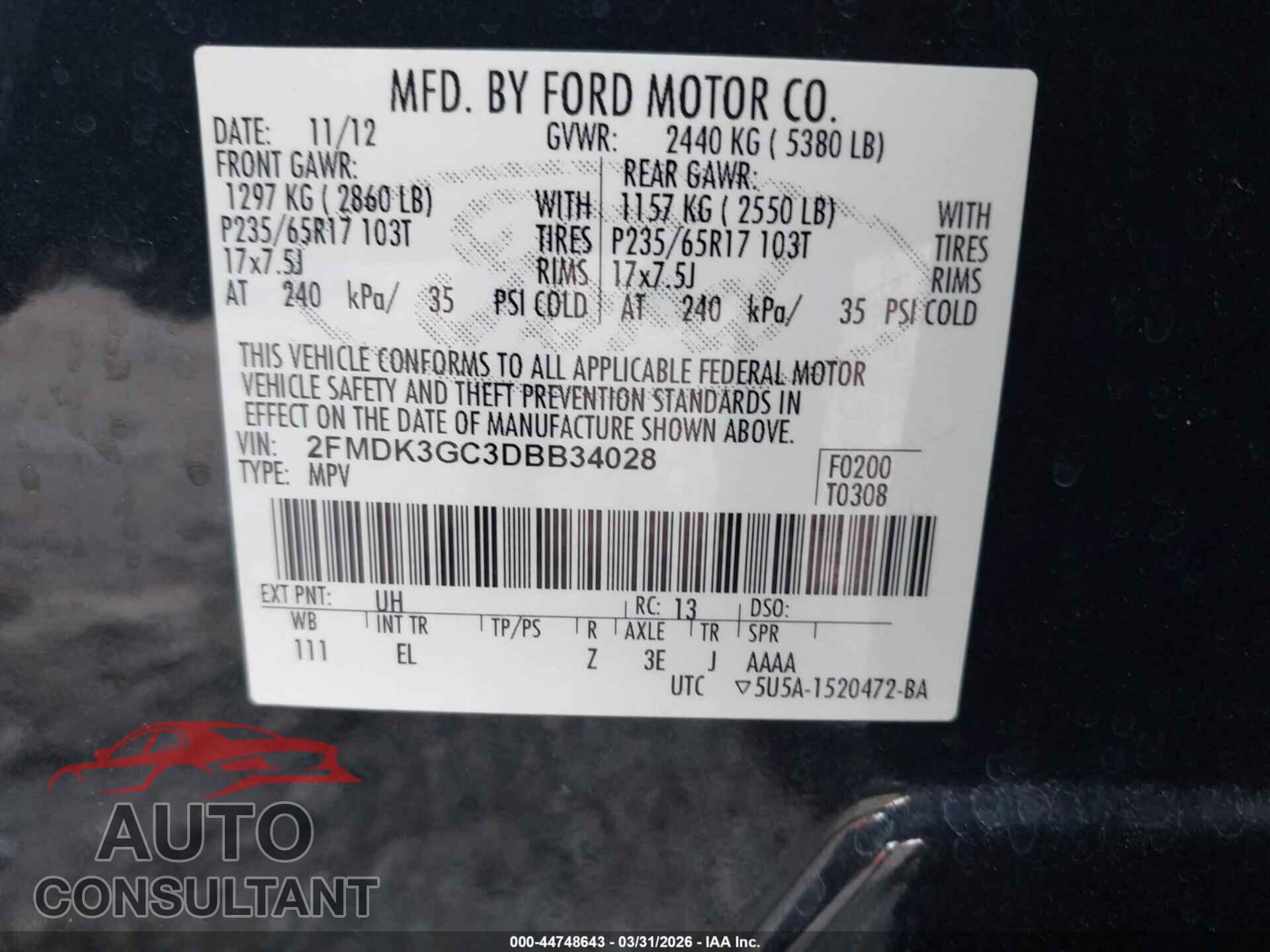 FORD EDGE 2013 - 2FMDK3GC3DBB34028