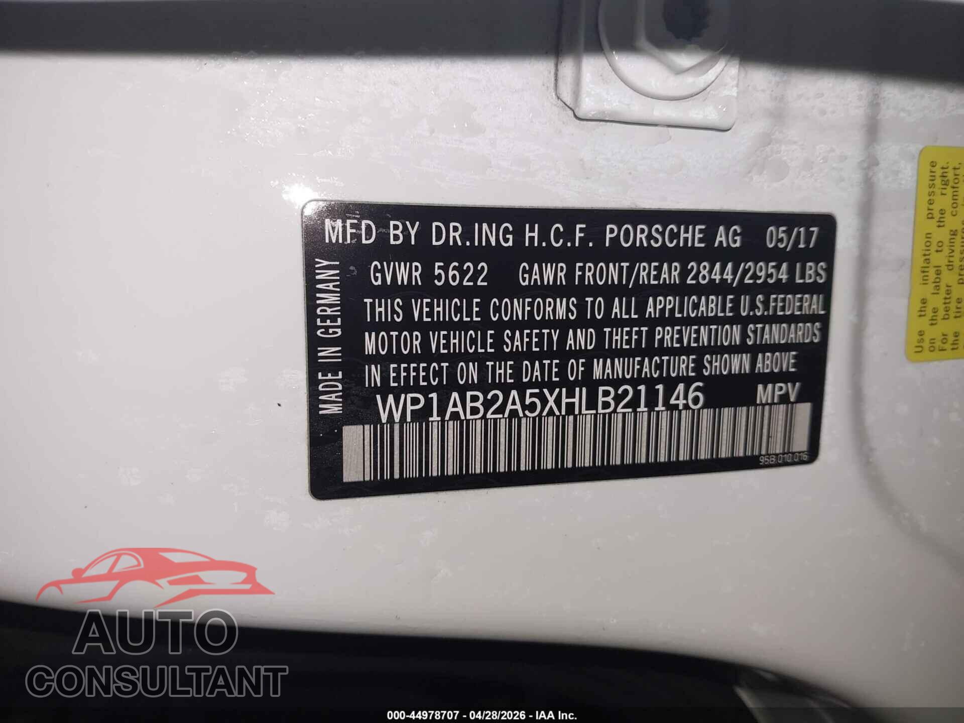 PORSCHE MACAN 2017 - WP1AB2A5XHLB21146