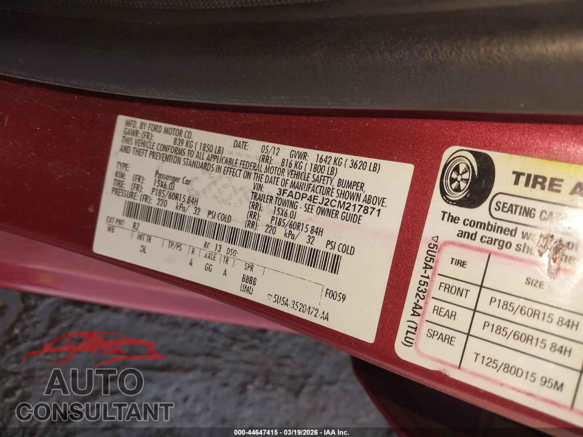 FORD FIESTA 2012 - 3FADP4EJ2CM217871