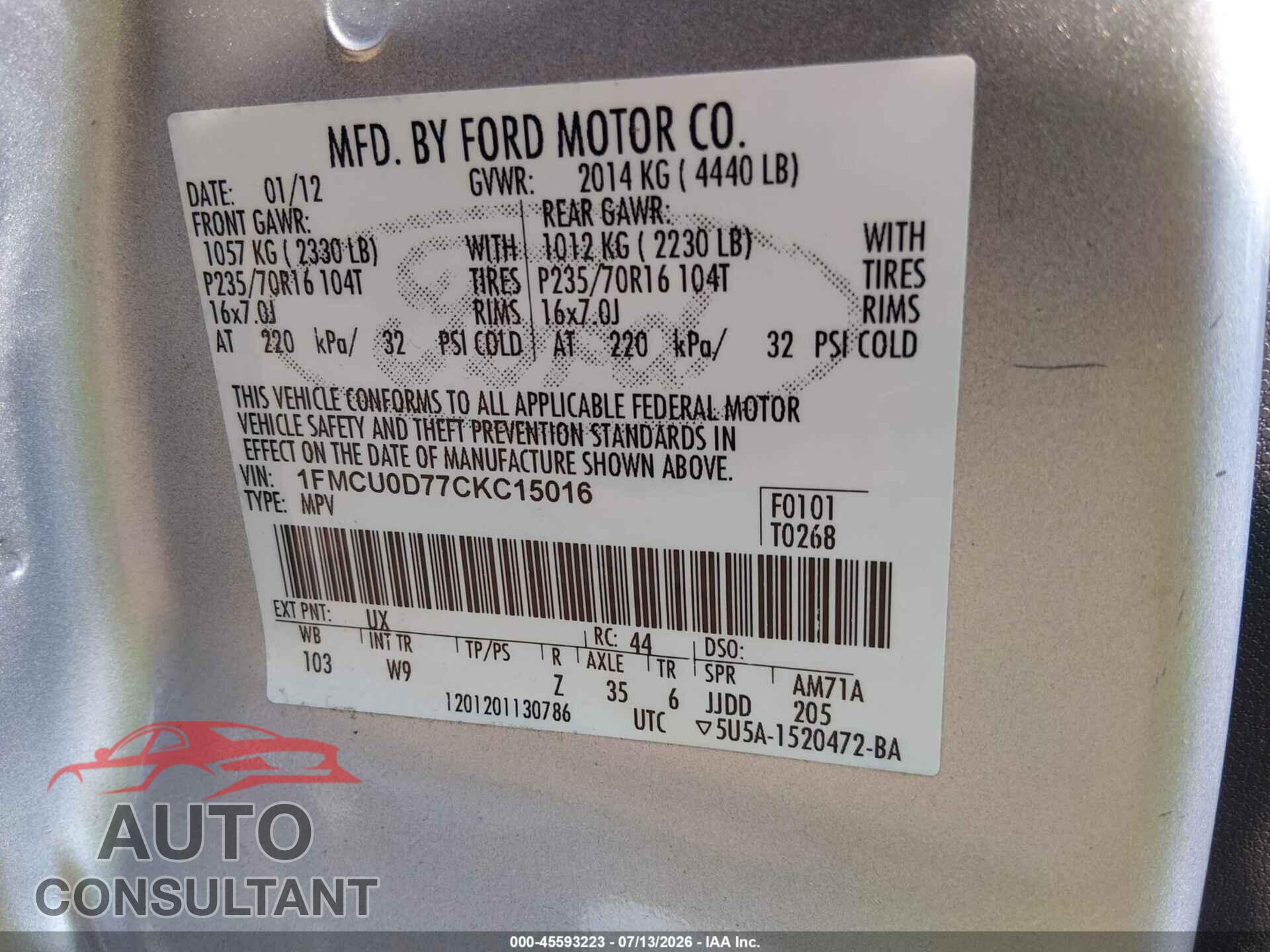 FORD ESCAPE 2012 - 1FMCU0D77CKC15016