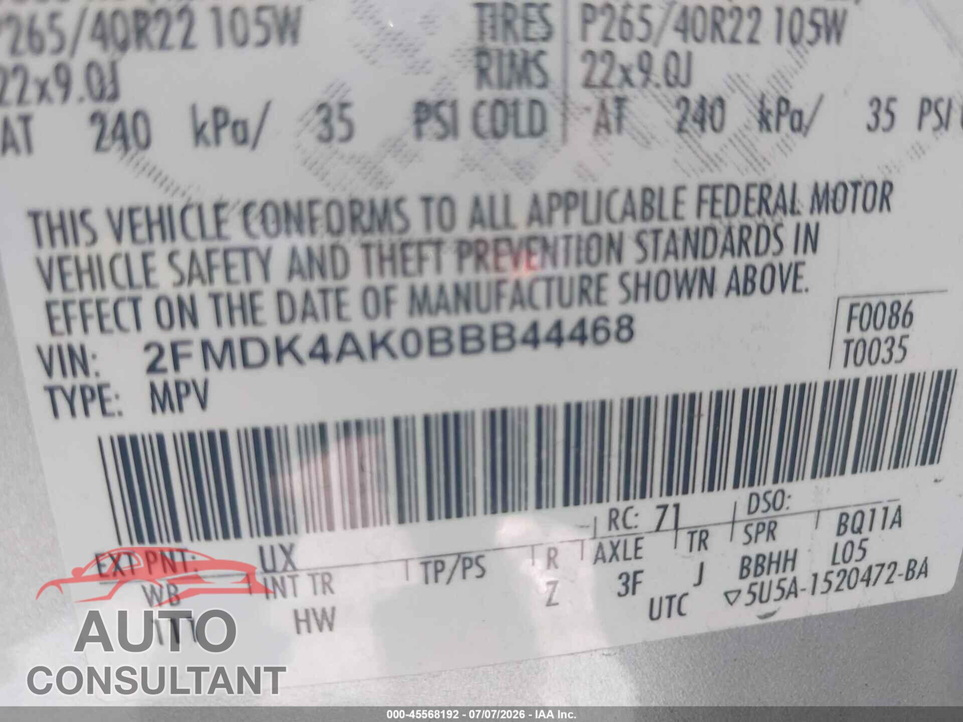 FORD EDGE 2011 - 2FMDK4AK0BBB44468