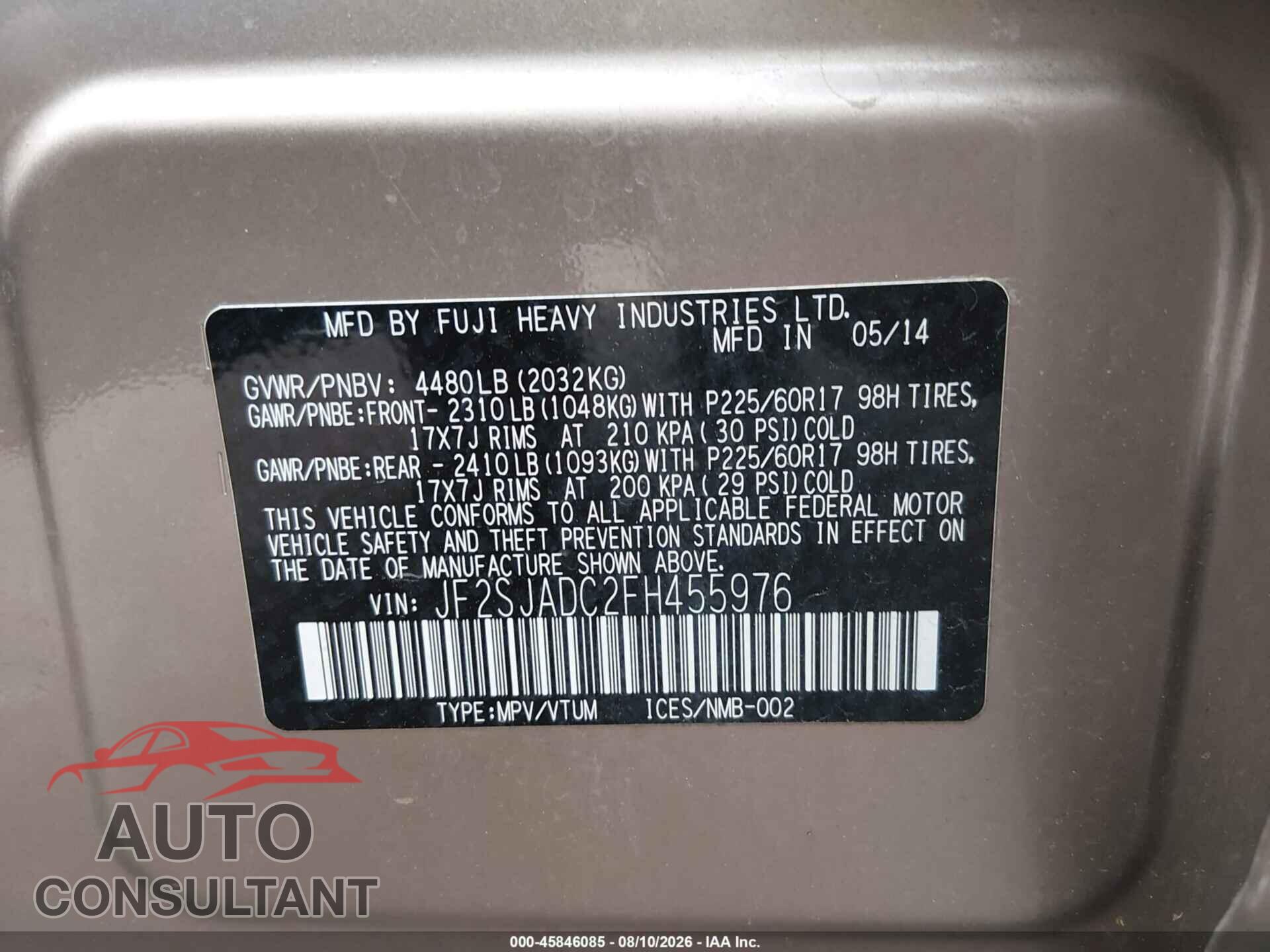 SUBARU FORESTER 2015 - JF2SJADC2FH455976