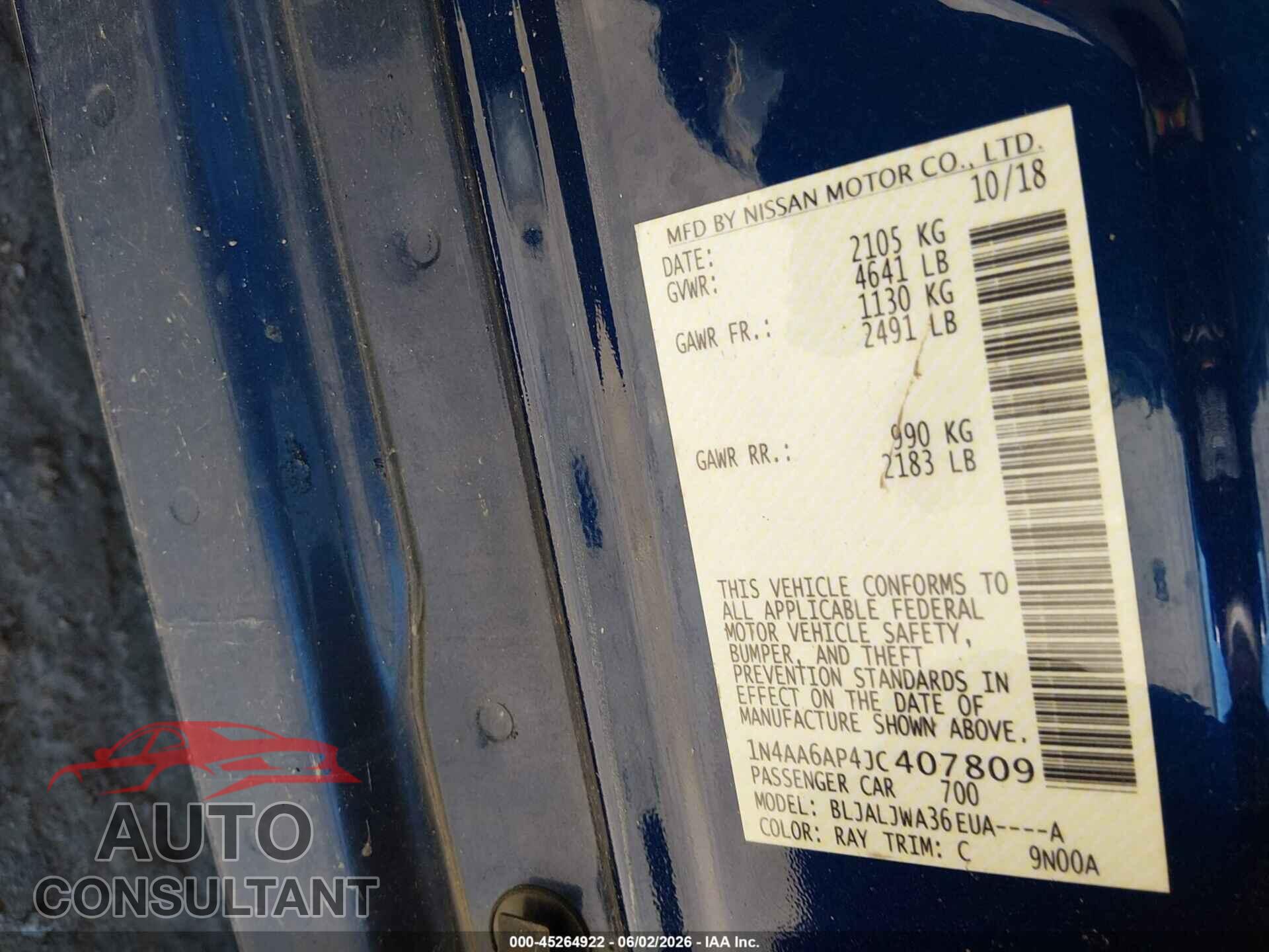 NISSAN MAXIMA 2018 - 1N4AA6AP4JC407809