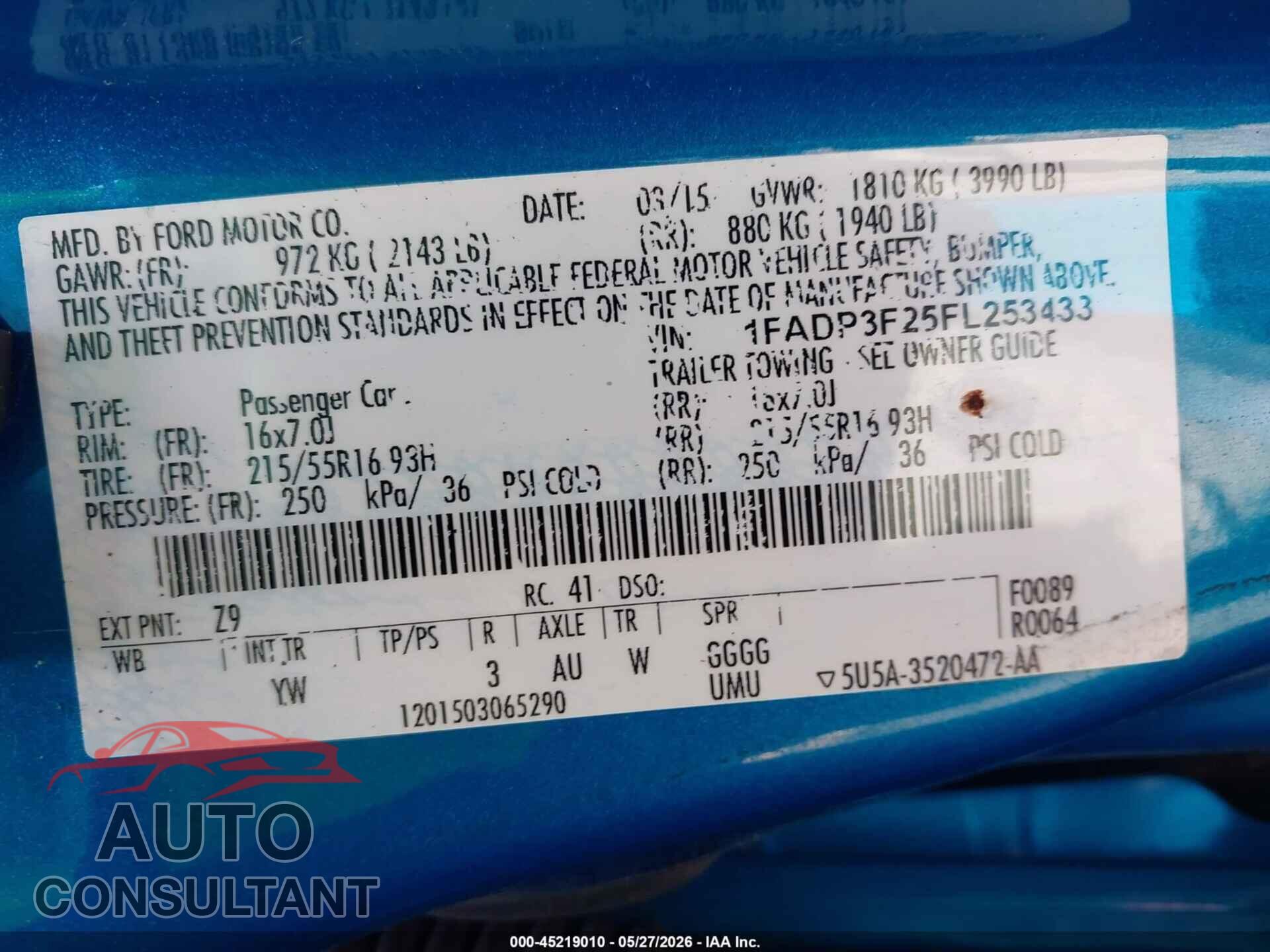 FORD FOCUS 2015 - 1FADP3F25FL253433