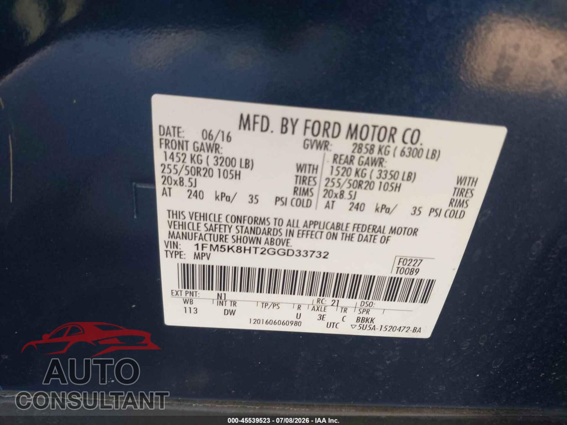 FORD EXPLORER 2016 - 1FM5K8HT2GGD33732