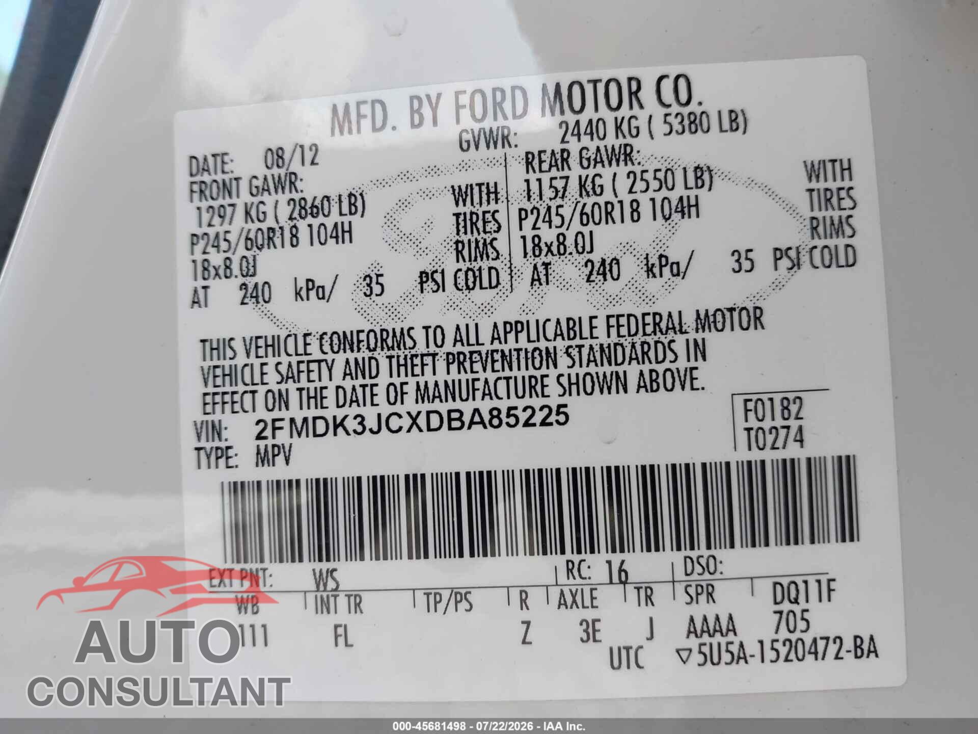 FORD EDGE 2013 - 2FMDK3JCXDBA85225