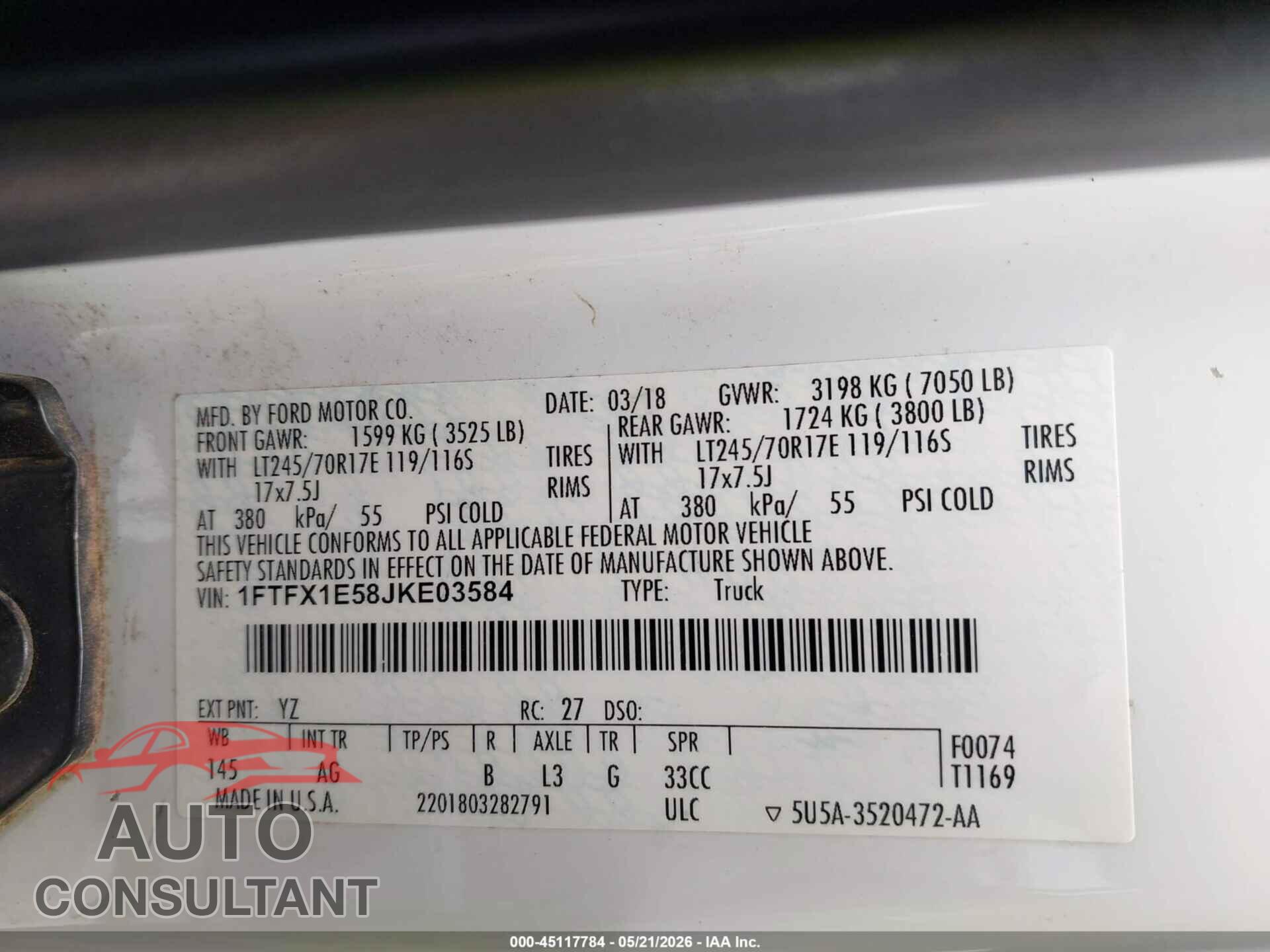 FORD F-150 2018 - 1FTFX1E58JKE03584
