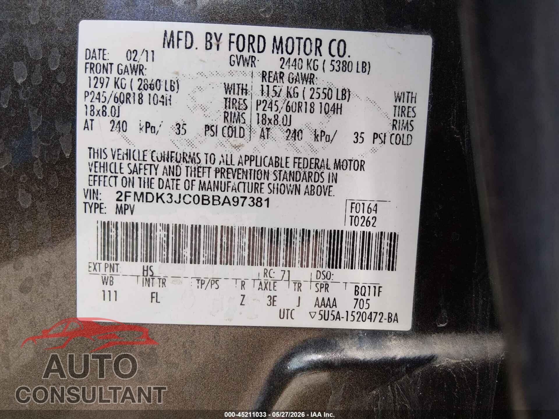 FORD EDGE 2011 - 2FMDK3JC0BBA97381