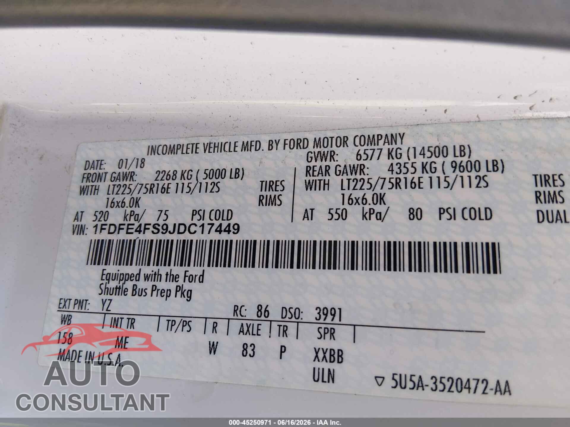 FORD E-450 CUTAWAY 2018 - 1FDFE4FS9JDC17449