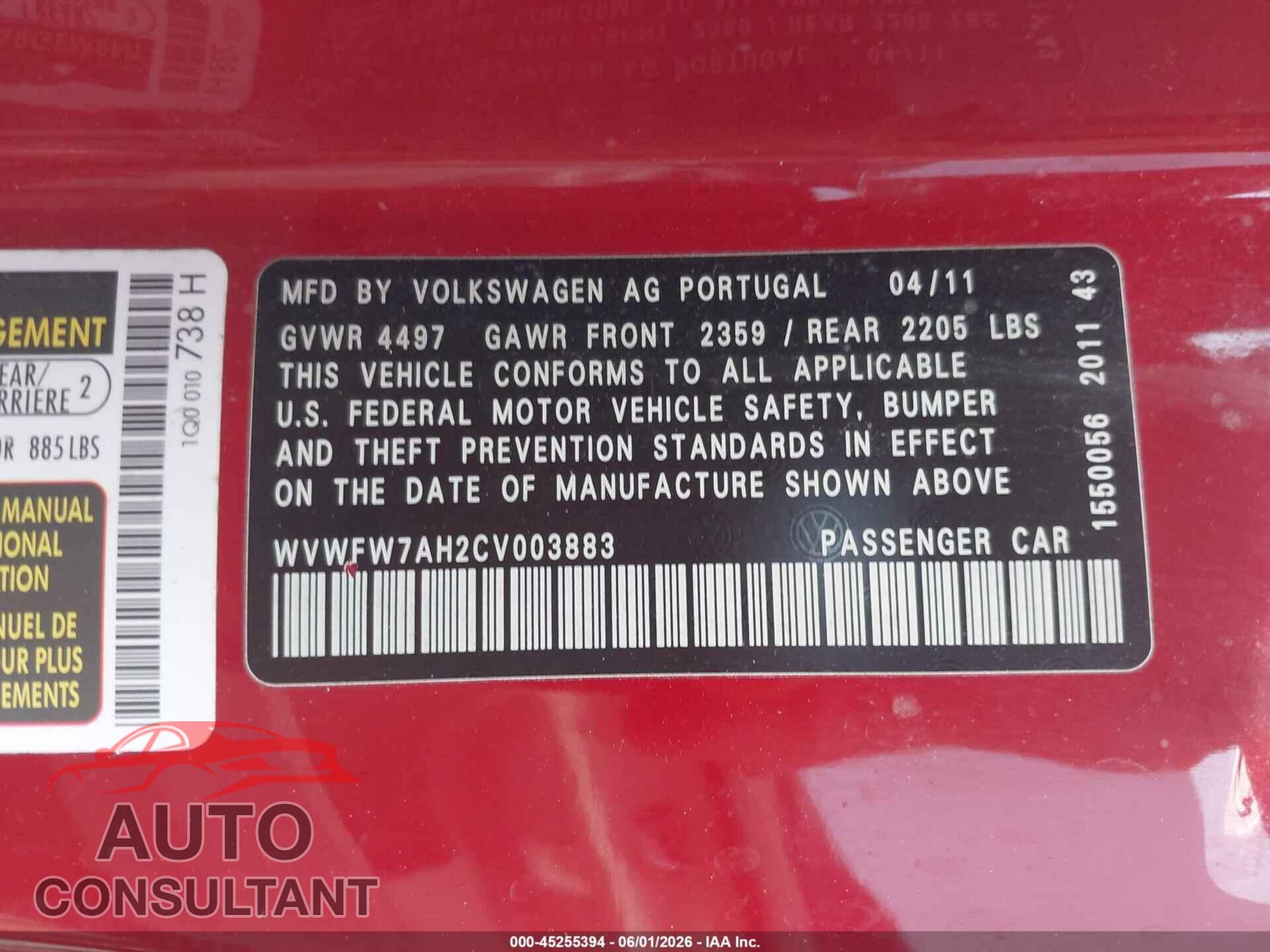 VOLKSWAGEN EOS 2012 - WVWFW7AH2CV003883