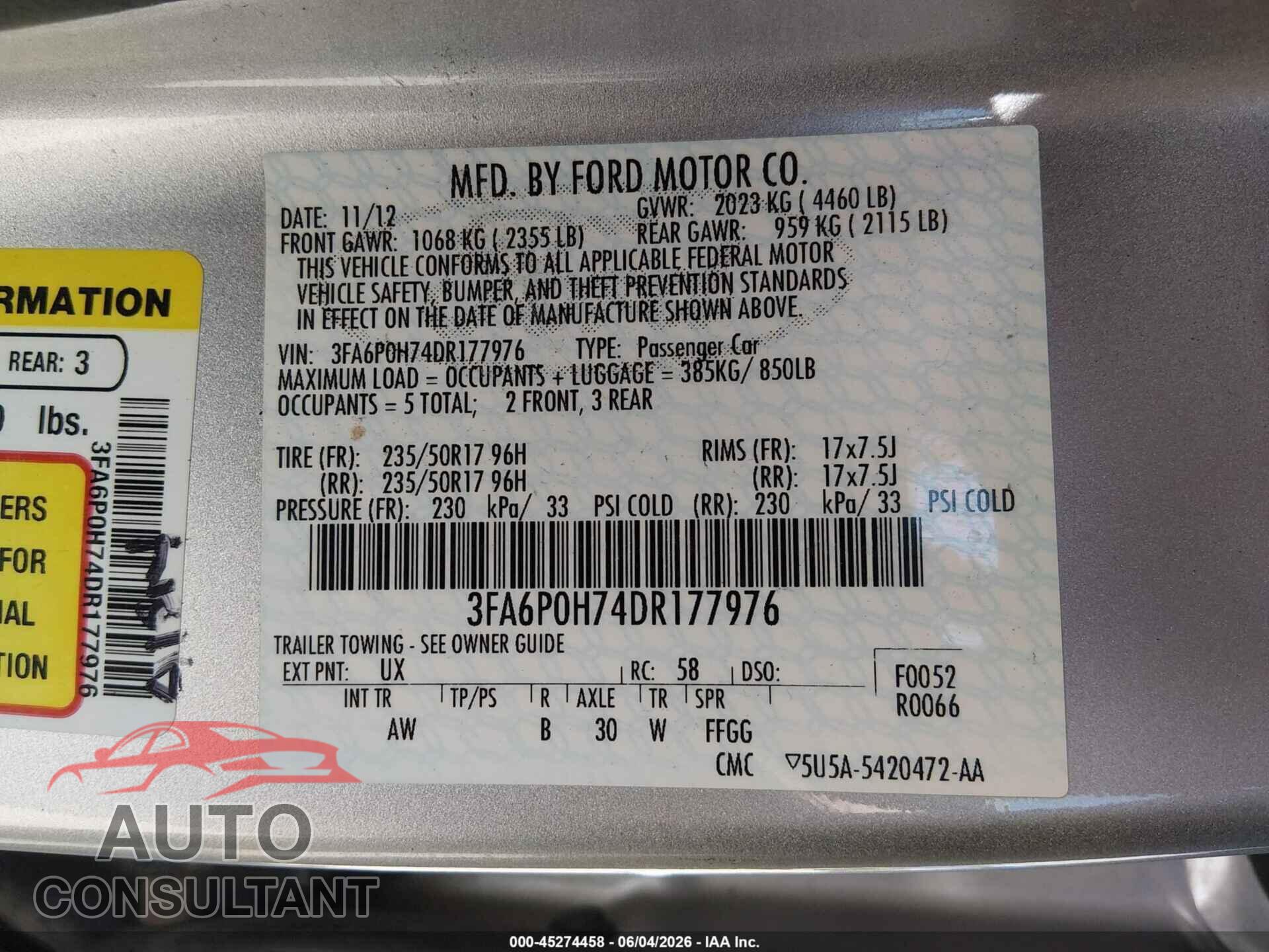 FORD FUSION 2013 - 3FA6P0H74DR177976