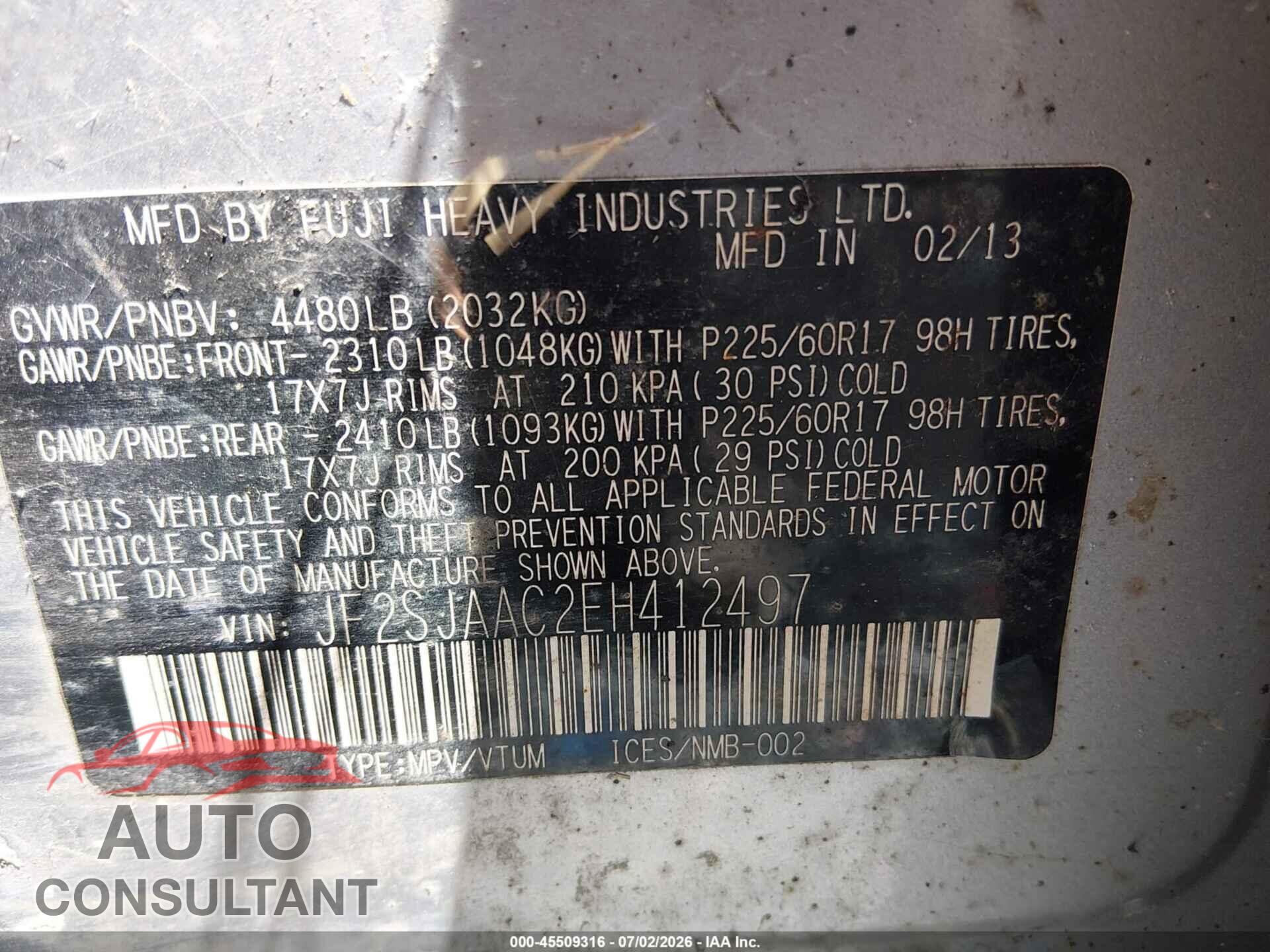 SUBARU FORESTER 2014 - JF2SJAAC2EH412497