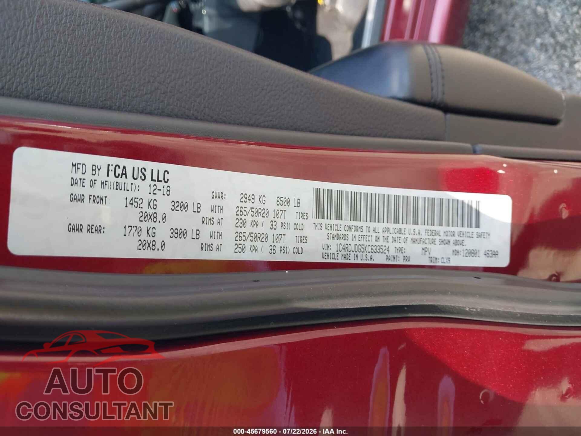 DODGE DURANGO 2019 - 1C4RDJDG5KC633524
