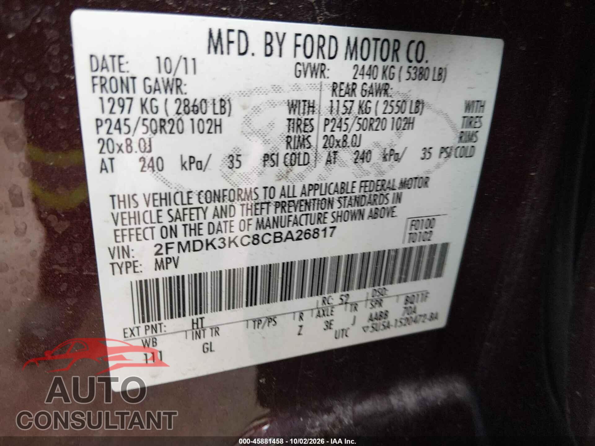 FORD EDGE 2012 - 2FMDK3KC8CBA26817