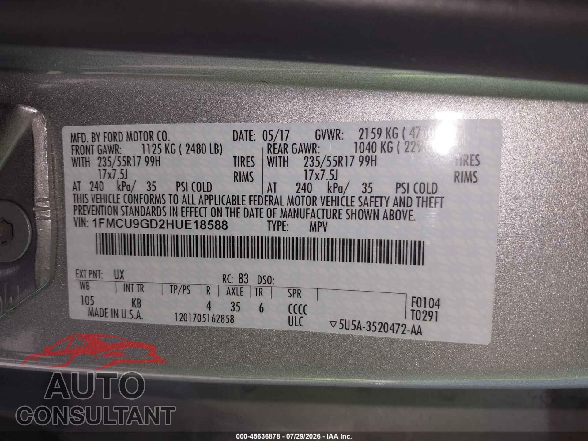 FORD ESCAPE 2017 - 1FMCU9GD2HUE18588
