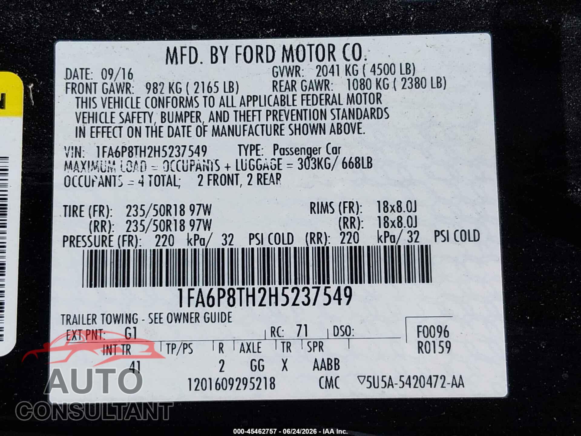 FORD MUSTANG 2017 - 1FA6P8TH2H5237549